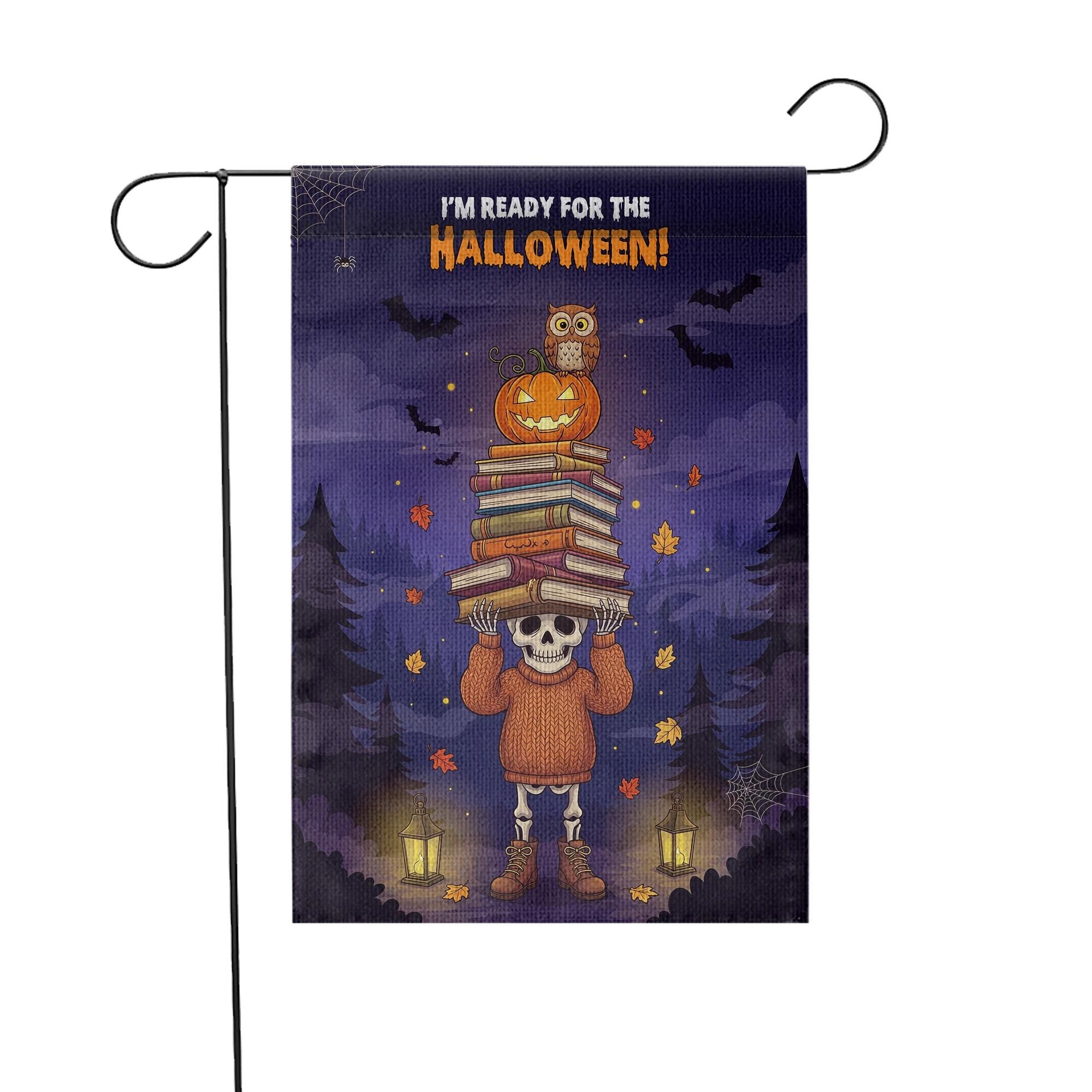 Cute Skeleton Halloween Garden Flag | Pumpkin Owl Book Stack Fall Yard Decor | Spooky Autumn Banner