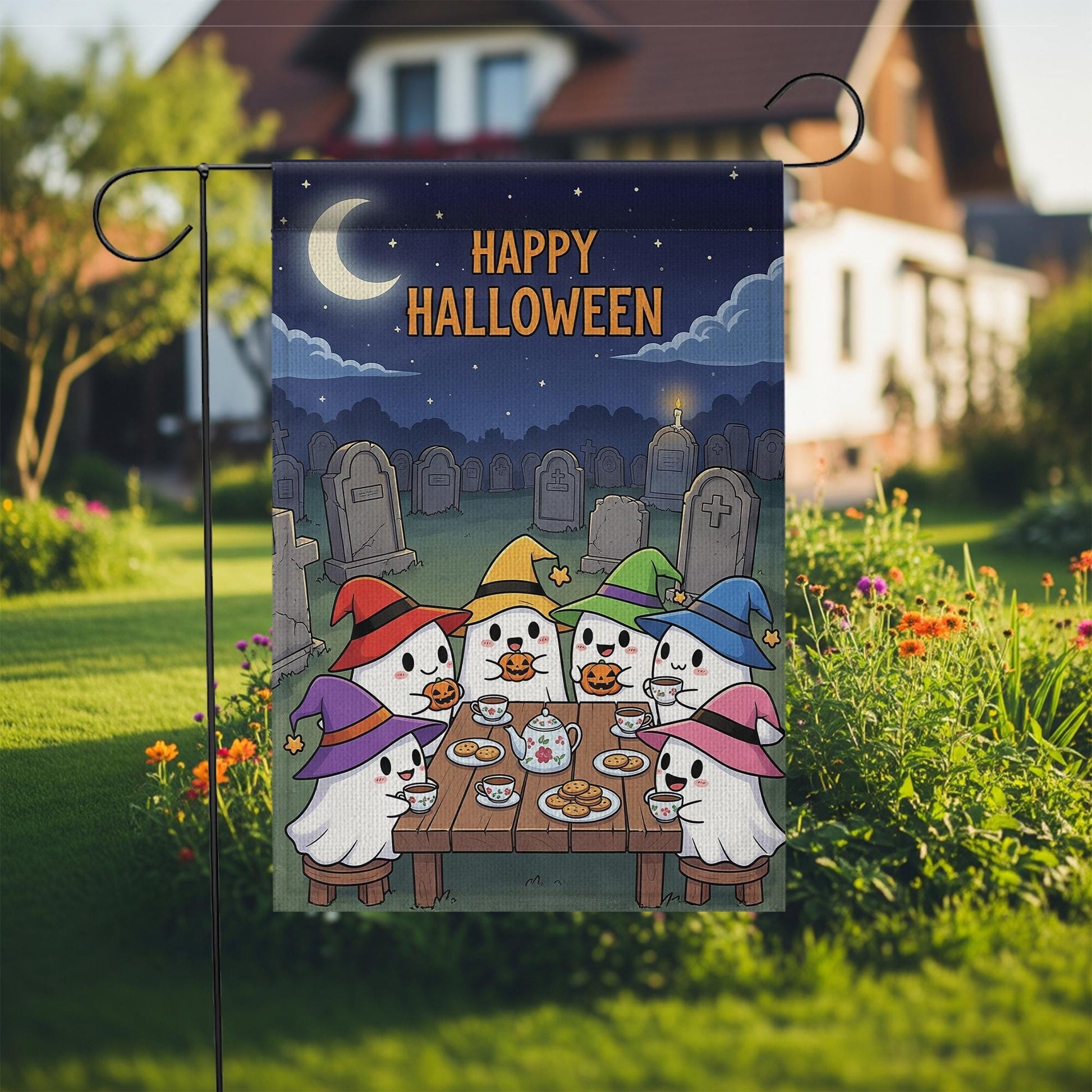 Cute Ghost Halloween Garden Flag, Spooky Ghosts with Hats, Halloween Yard Decor, Haunted House Decor, Fall Porch Decor, Trick or Treat Flag