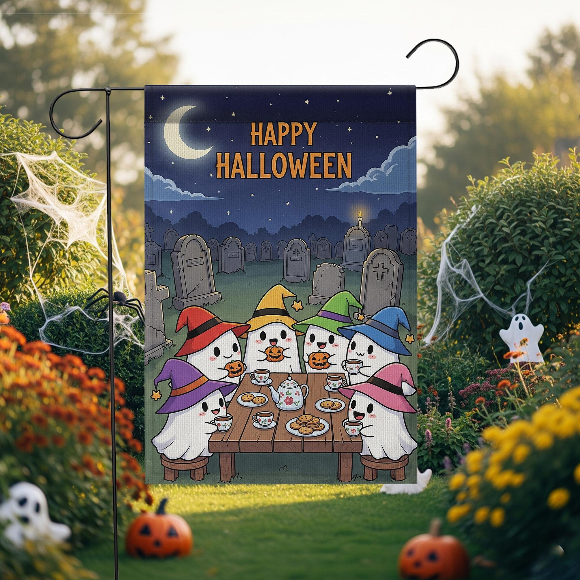 Cute Ghost Halloween Garden Flag, Spooky Ghosts with Hats, Halloween Yard Decor, Haunted House Decor, Fall Porch Decor, Trick or Treat Flag