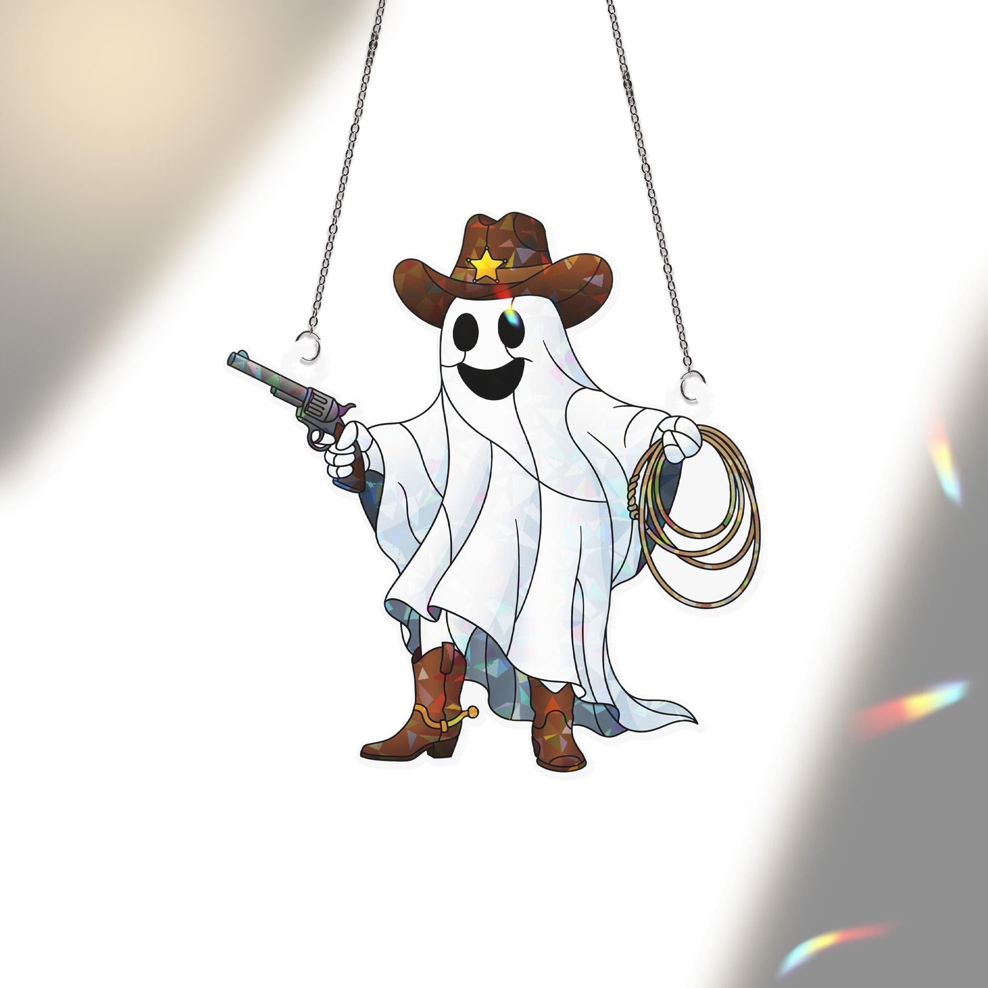 Cowboy Ghost Holographic Window Hanging – Western Halloween Sun Catcher, Spooky Sheriff Ghost Lasso & Gun Prism Decor