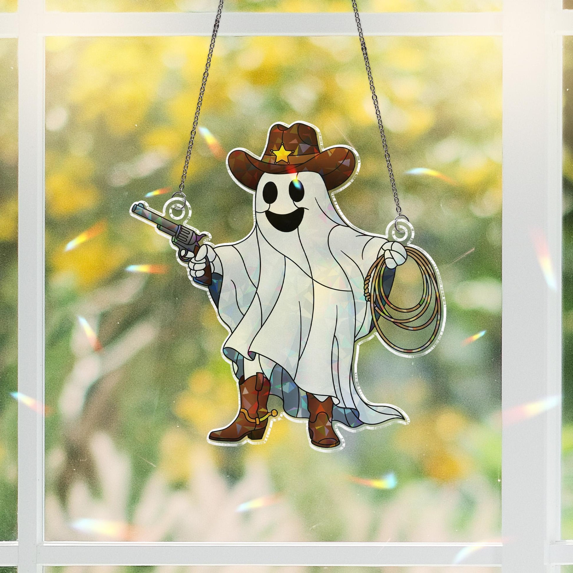 Cowboy Ghost Holographic Window Hanging – Western Halloween Sun Catcher, Spooky Sheriff Ghost Lasso & Gun Prism Decor