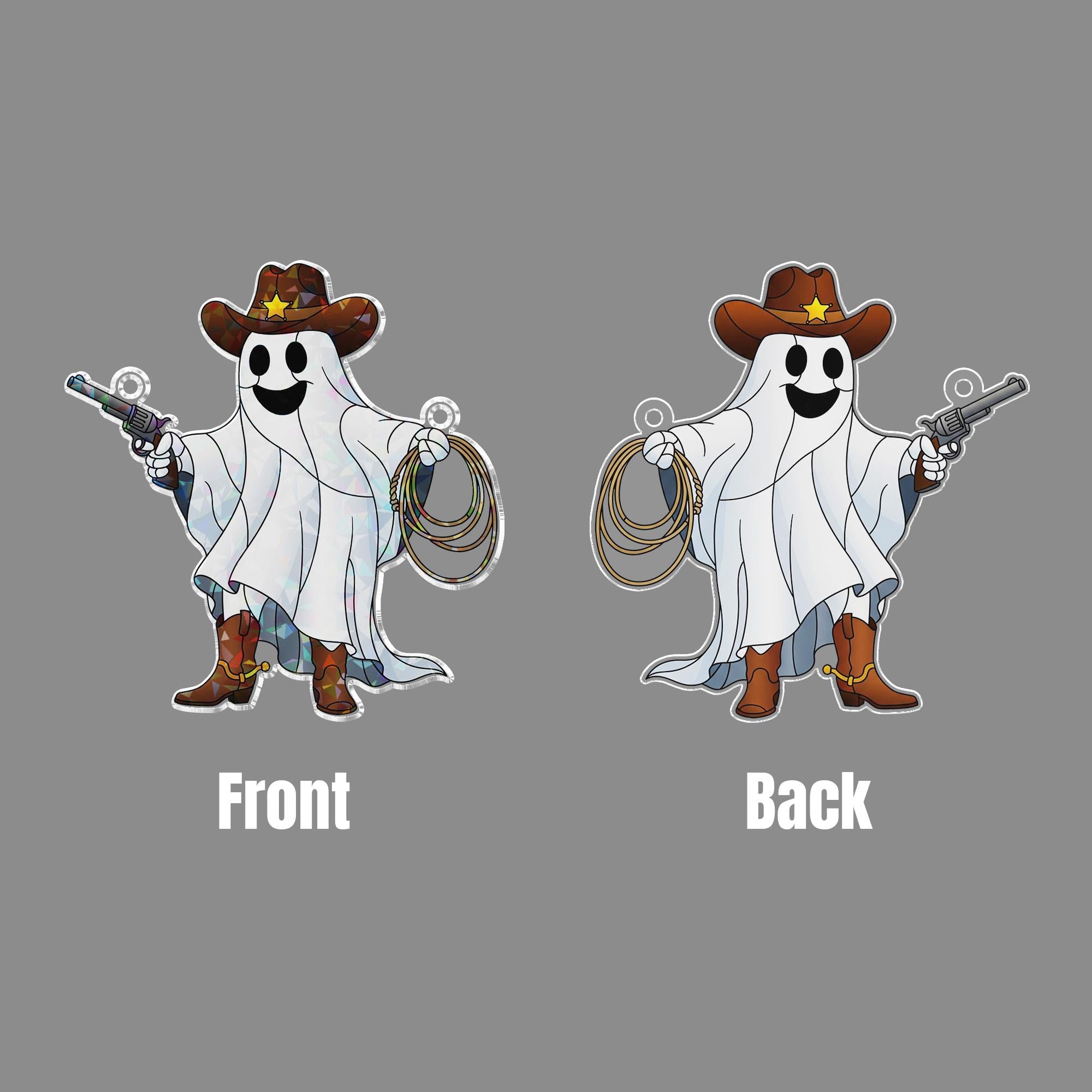 Cowboy Ghost Holographic Window Hanging – Western Halloween Sun Catcher, Spooky Sheriff Ghost Lasso & Gun Prism Decor