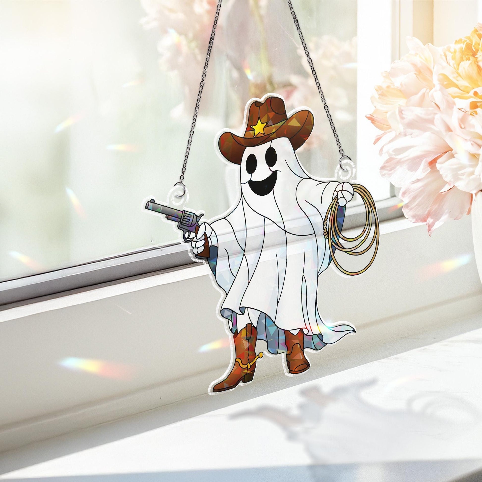 Cowboy Ghost Holographic Window Hanging – Western Halloween Sun Catcher, Spooky Sheriff Ghost Lasso & Gun Prism Decor