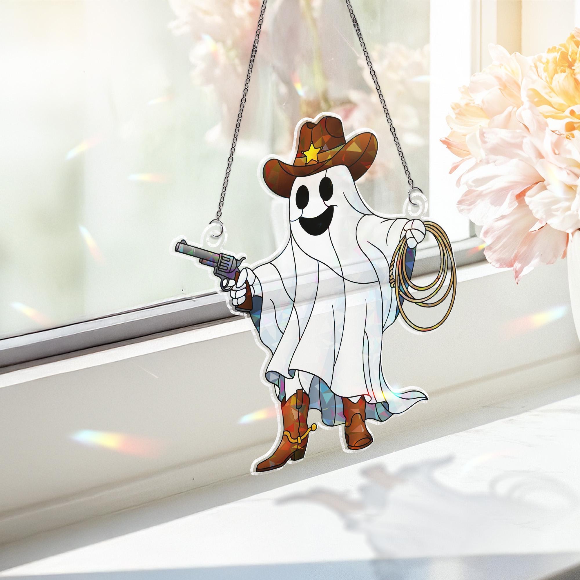 Cowboy Ghost Holographic Window Hanging – Western Halloween Sun Catcher, Spooky Sheriff Ghost Lasso & Gun Prism Decor