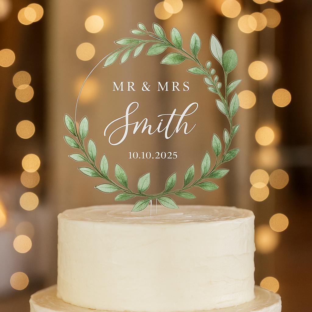 Personalized Wedding Cake Topper – Custom Mr & Mrs Name with Date – Elegant Greenery Acrylic Circle for Rustic or Modern Weddings