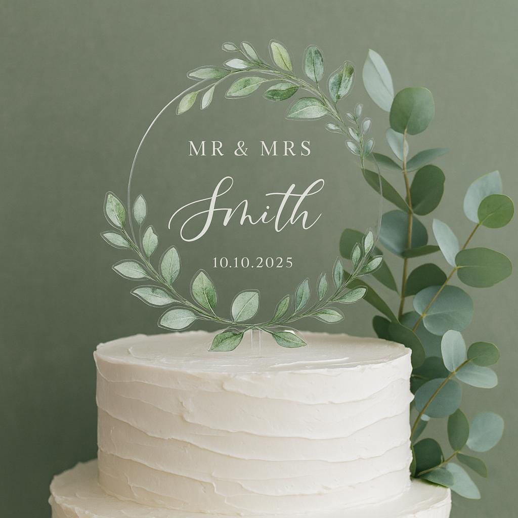 Personalized Wedding Cake Topper – Custom Mr & Mrs Name with Date – Elegant Greenery Acrylic Circle for Rustic or Modern Weddings