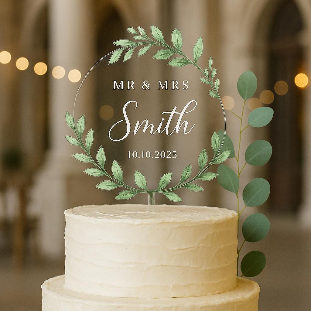 Personalized Wedding Cake Topper – Custom Mr & Mrs Name with Date – Elegant Greenery Acrylic Circle for Rustic or Modern Weddings