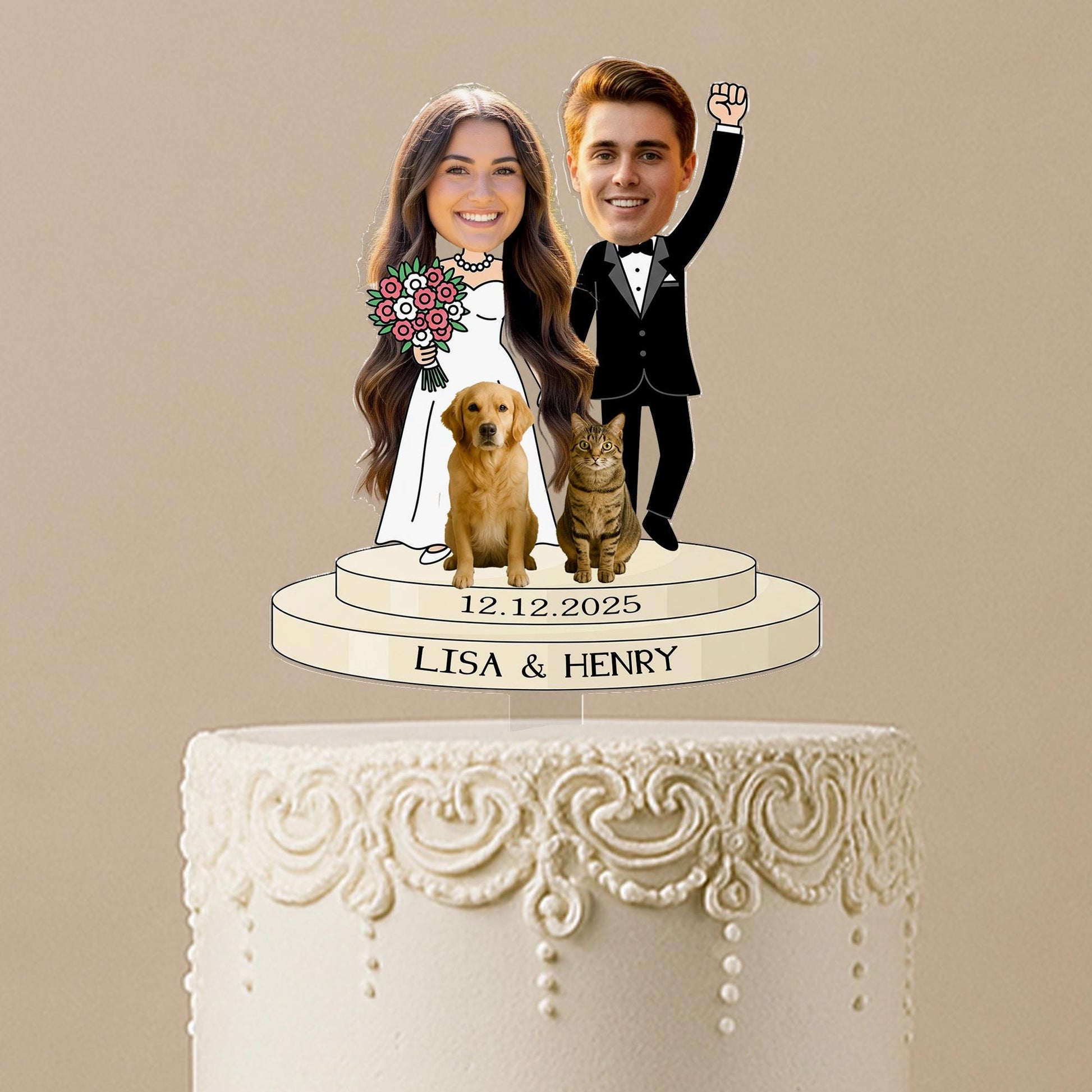 Custom Photo Wedding Cake Topper – Personalized Bride & Groom with Pets – Unique Cartoon Couple Figurine with Names and Date
