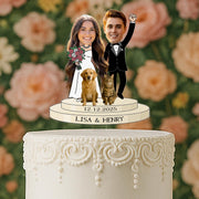 Custom Photo Wedding Cake Topper – Personalized Bride & Groom with Pets – Unique Cartoon Couple Figurine with Names and Date