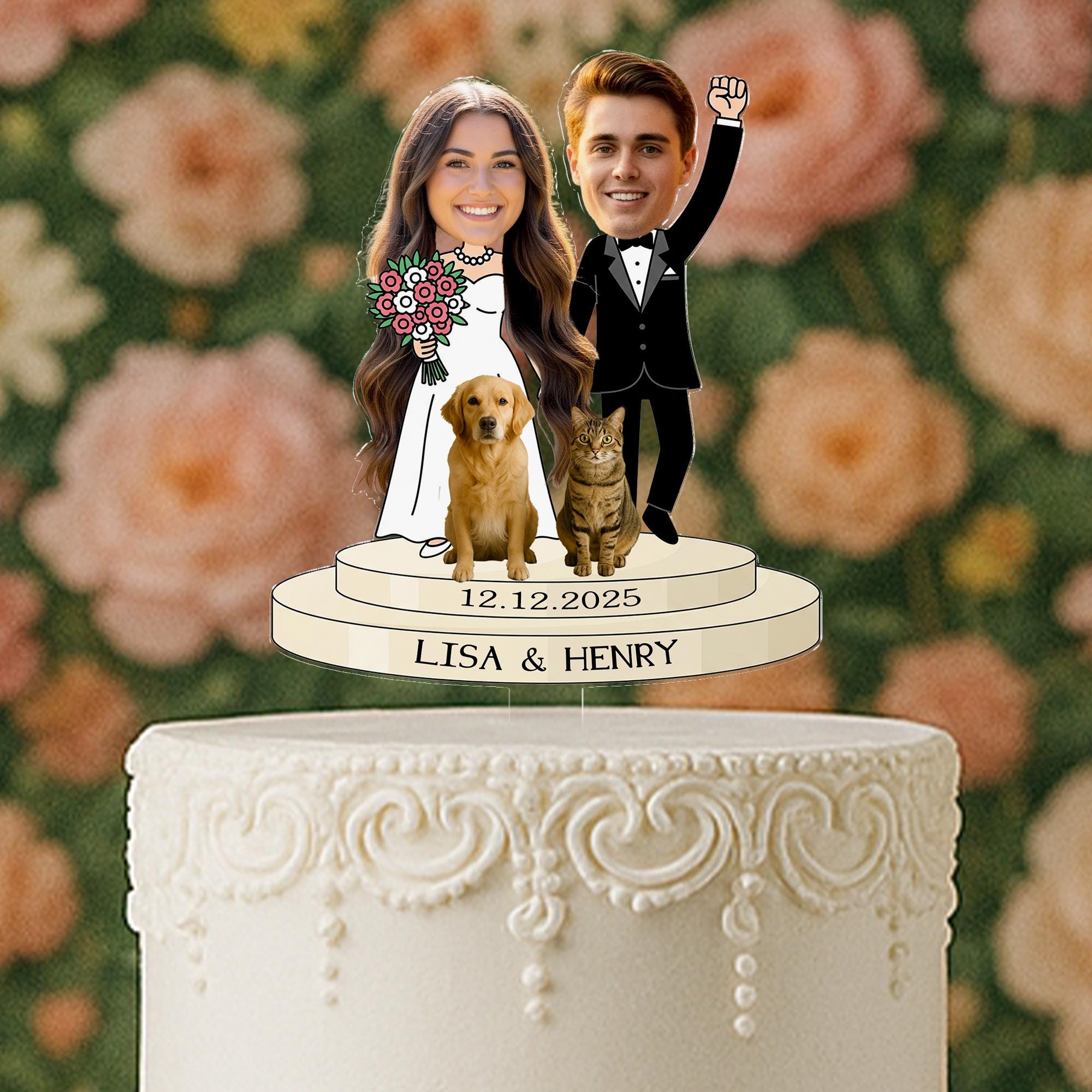 Custom Photo Wedding Cake Topper – Personalized Bride & Groom with Pets – Unique Cartoon Couple Figurine with Names and Date