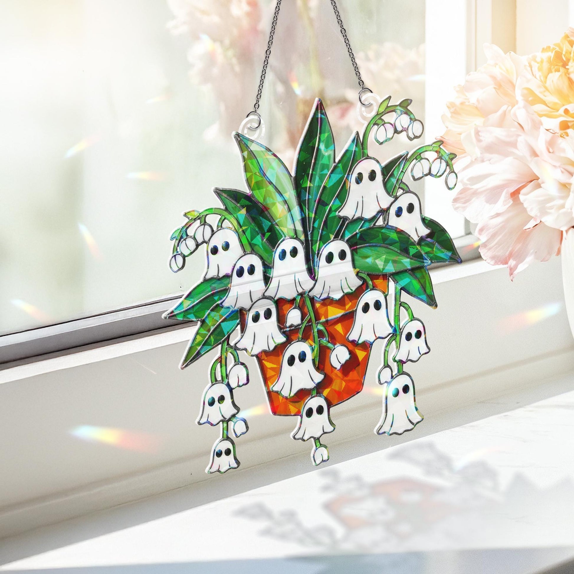 Ghost Lily of the Valley Acrylic Hologram Decor, Spooky Flower Pot Halloween Decor, Holographic Fall Hanging Ornament. Ghost Plant Hologram