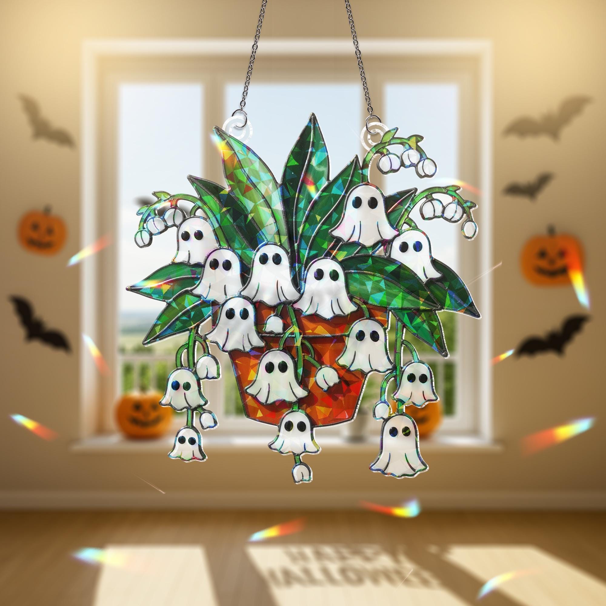 Ghost Lily of the Valley Acrylic Hologram Decor, Spooky Flower Pot Halloween Decor, Holographic Fall Hanging Ornament. Ghost Plant Hologram