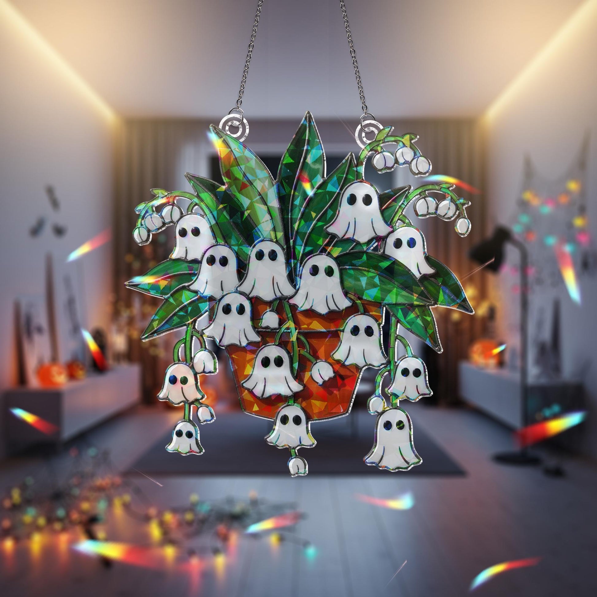 Ghost Lily of the Valley Acrylic Hologram Decor, Spooky Flower Pot Halloween Decor, Holographic Fall Hanging Ornament. Ghost Plant Hologram