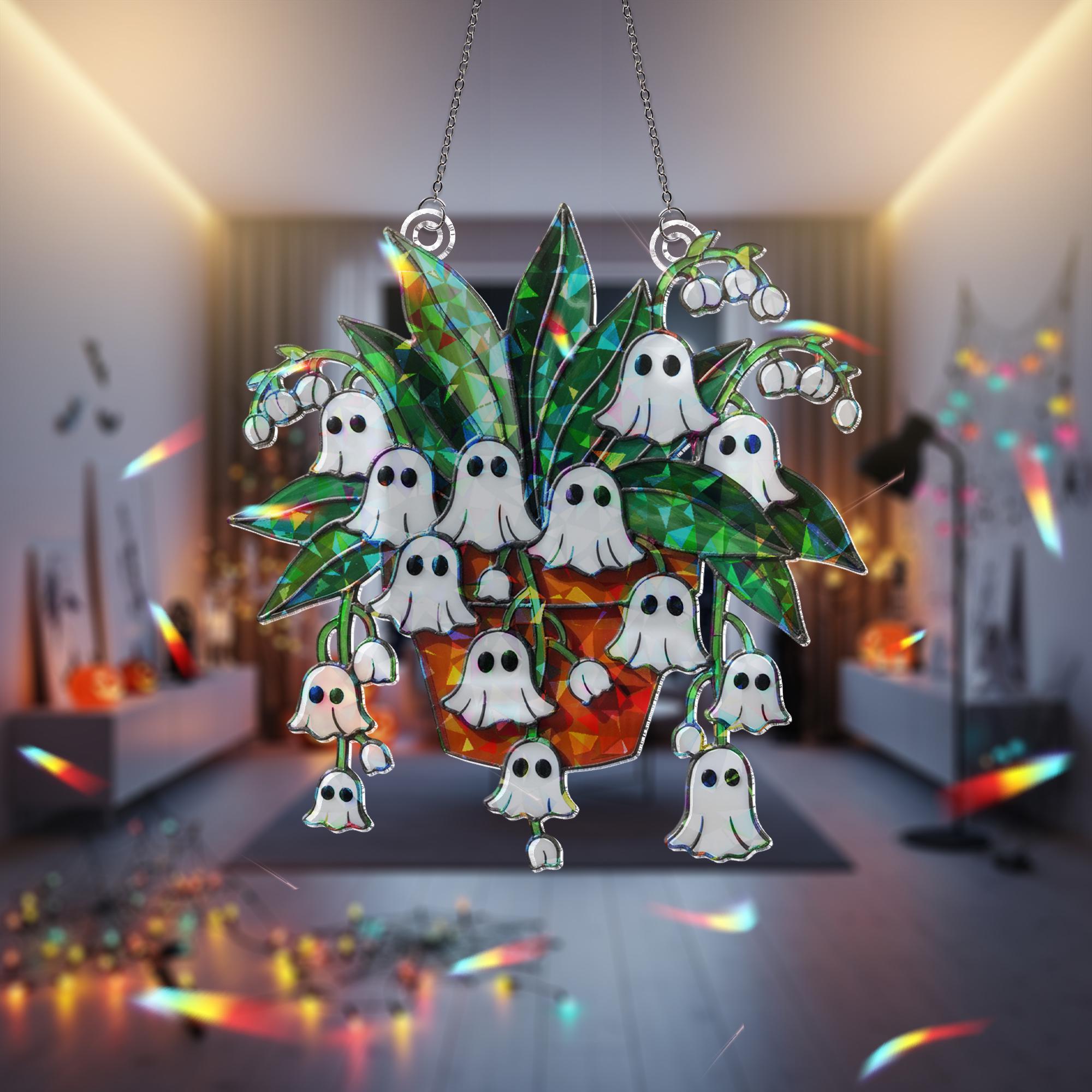 Ghost Lily of the Valley Acrylic Hologram Decor, Spooky Flower Pot Halloween Decor, Holographic Fall Hanging Ornament. Ghost Plant Hologram