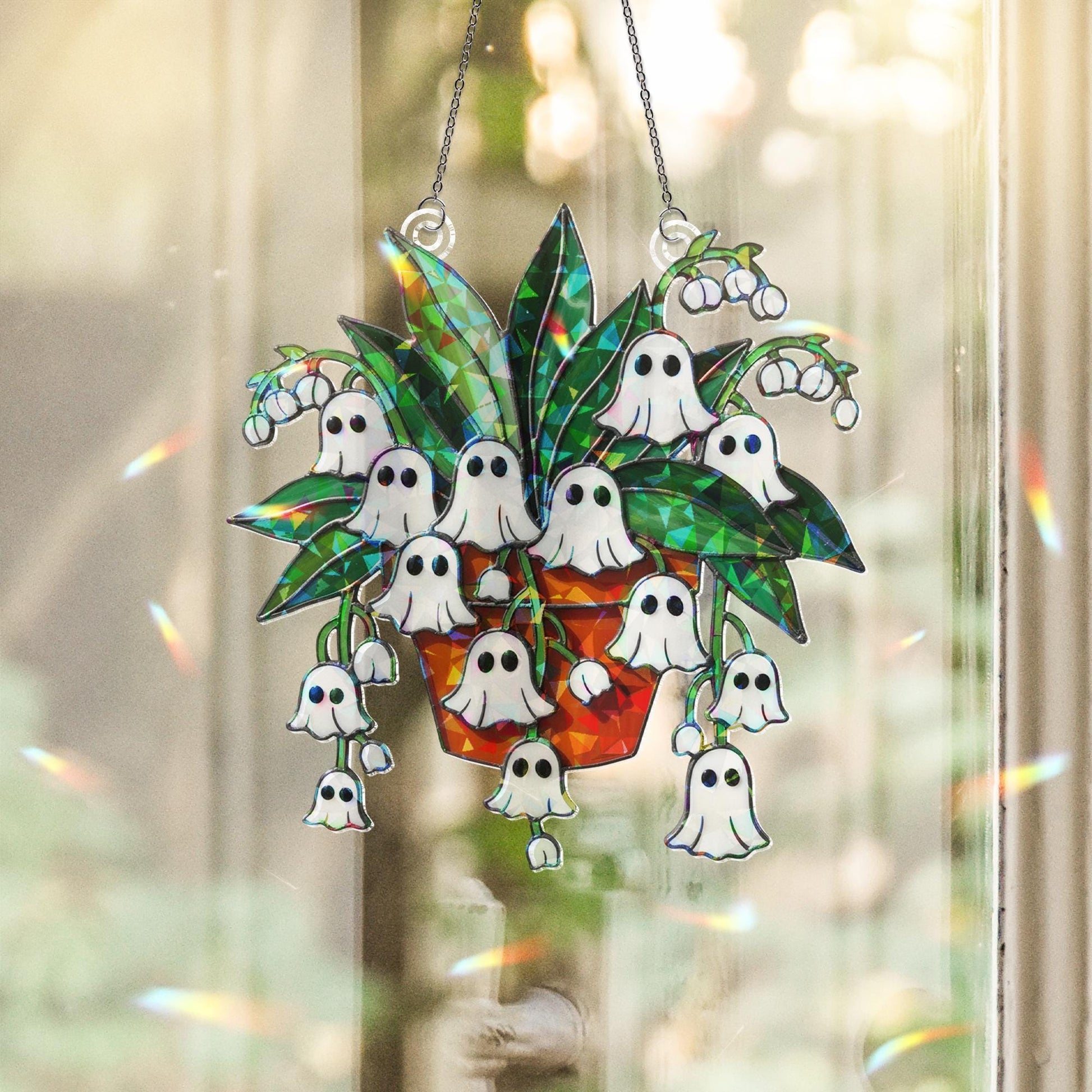 Ghost Lily of the Valley Acrylic Hologram Decor, Spooky Flower Pot Halloween Decor, Holographic Fall Hanging Ornament. Ghost Plant Hologram