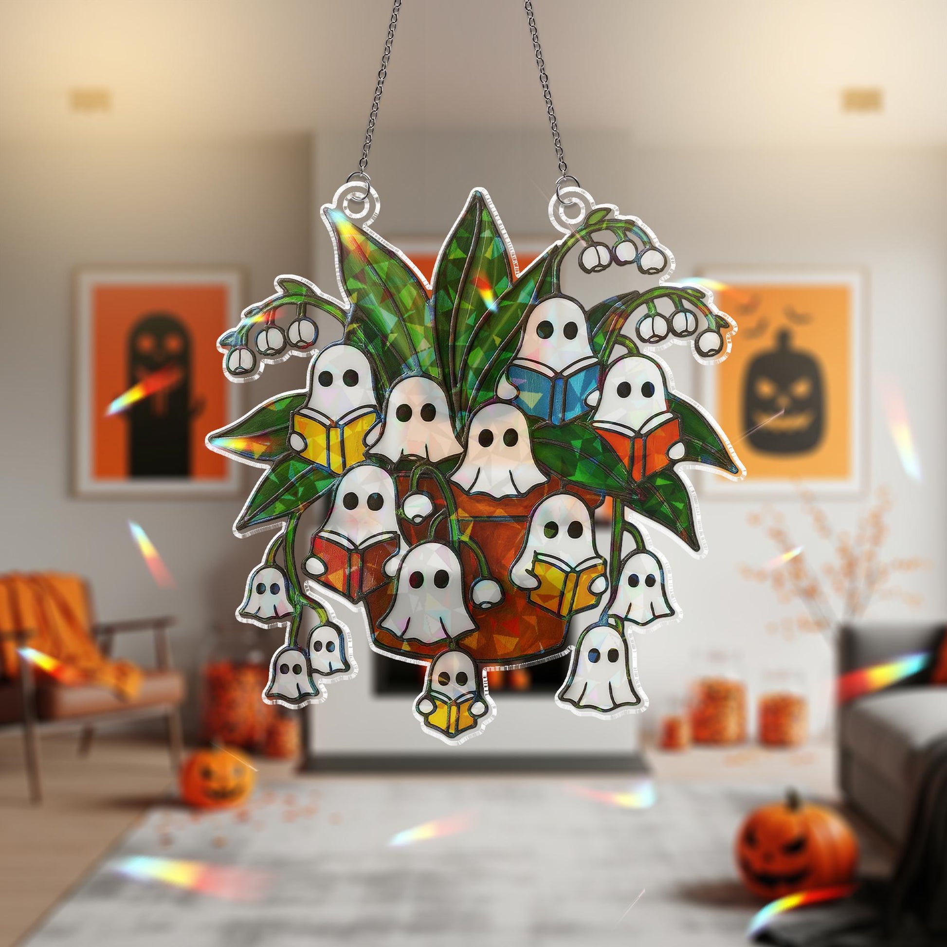 Reading Ghost Lily of the Valley Halloween Acrylic Decor, Spooky Plant Acrylic Window Decor,Fall Holographic Ghost,Reading Ghost Plant Decor