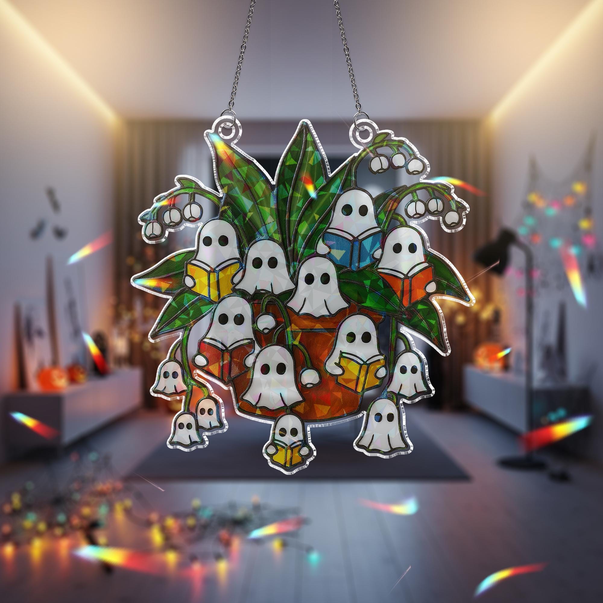 Reading Ghost Lily of the Valley Halloween Acrylic Decor, Spooky Plant Acrylic Window Decor,Fall Holographic Ghost,Reading Ghost Plant Decor