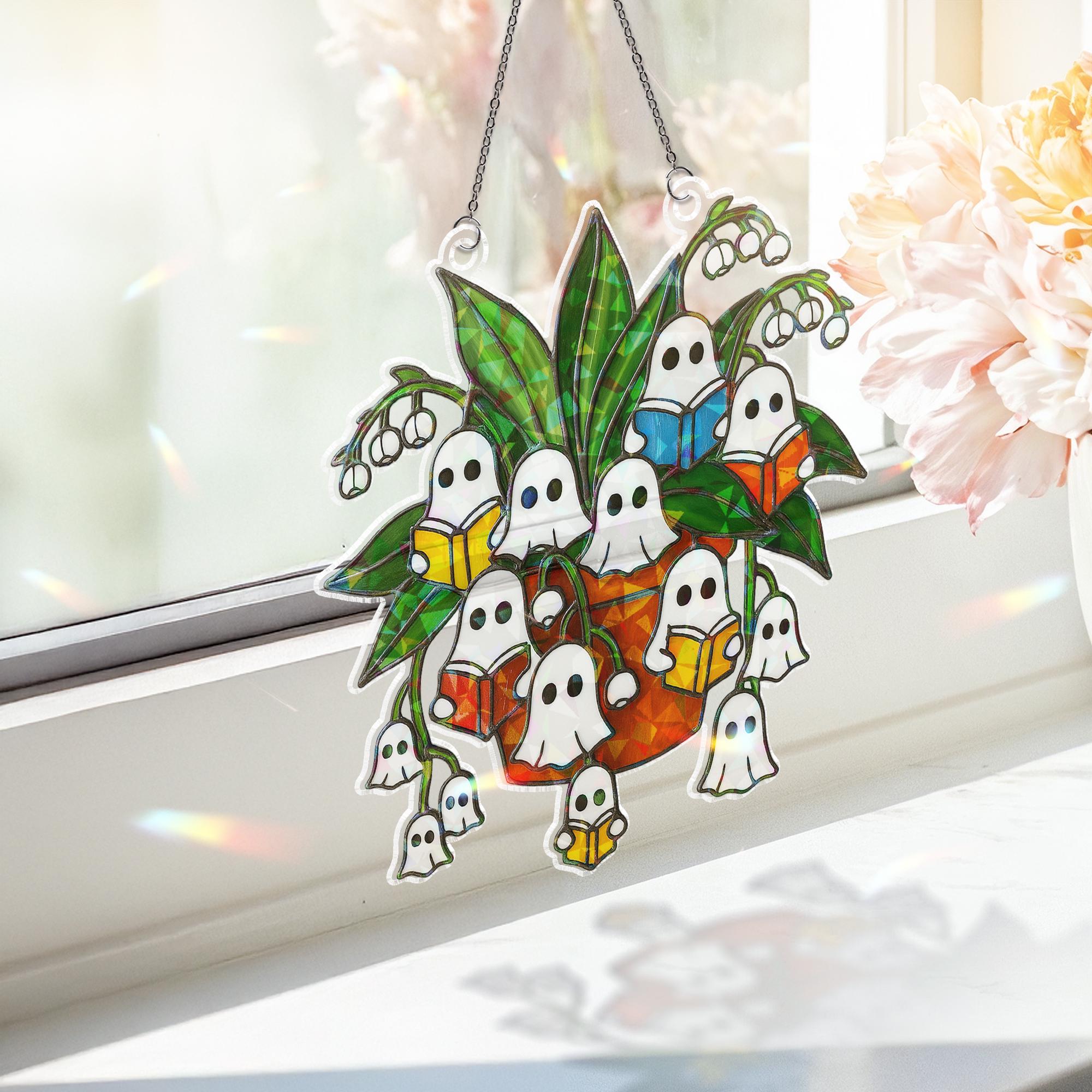 Reading Ghost Lily of the Valley Halloween Acrylic Decor, Spooky Plant Acrylic Window Decor,Fall Holographic Ghost,Reading Ghost Plant Decor