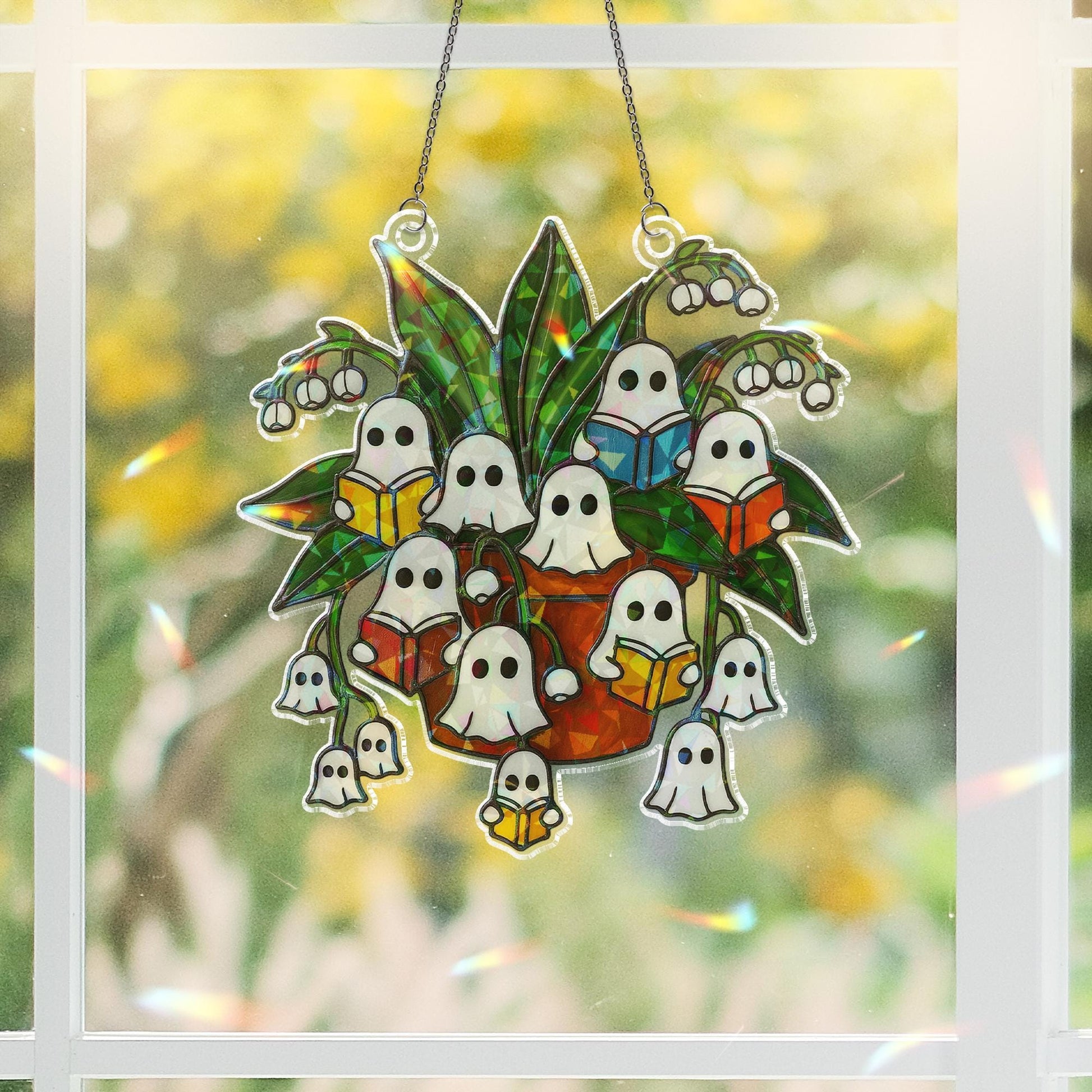 Reading Ghost Lily of the Valley Halloween Acrylic Decor, Spooky Plant Acrylic Window Decor,Fall Holographic Ghost,Reading Ghost Plant Decor