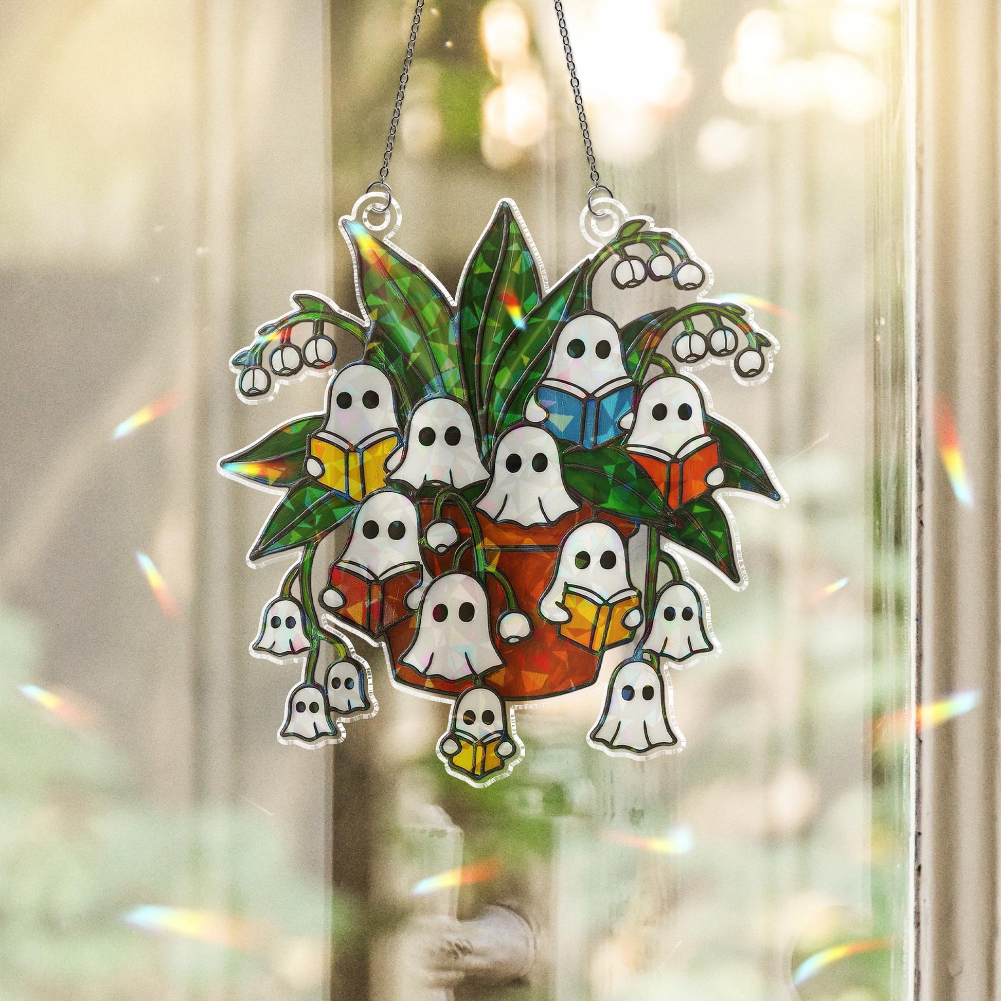 Reading Ghost Lily of the Valley Halloween Acrylic Decor, Spooky Plant Acrylic Window Decor,Fall Holographic Ghost,Reading Ghost Plant Decor