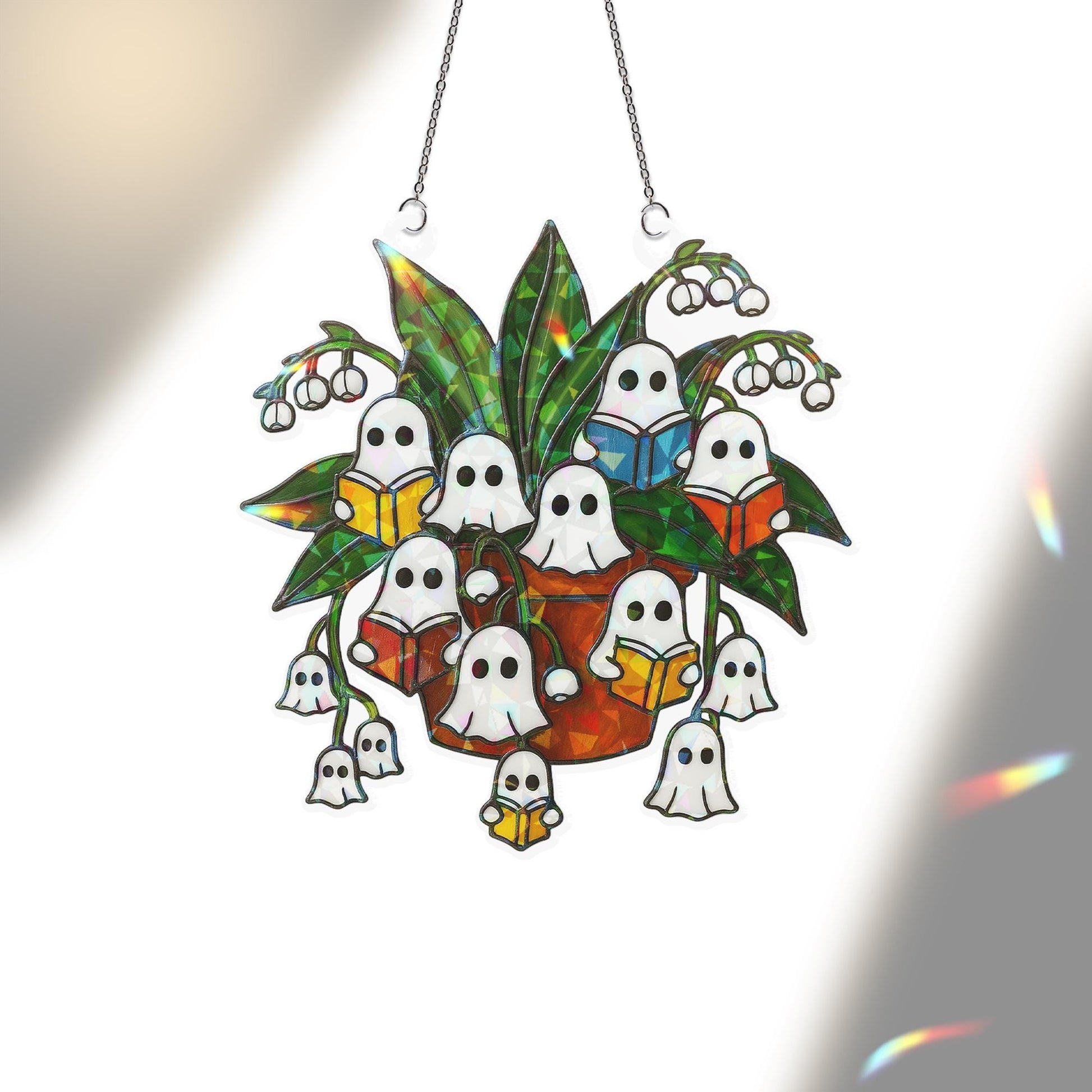 Reading Ghost Lily of the Valley Halloween Acrylic Decor, Spooky Plant Acrylic Window Decor,Fall Holographic Ghost,Reading Ghost Plant Decor