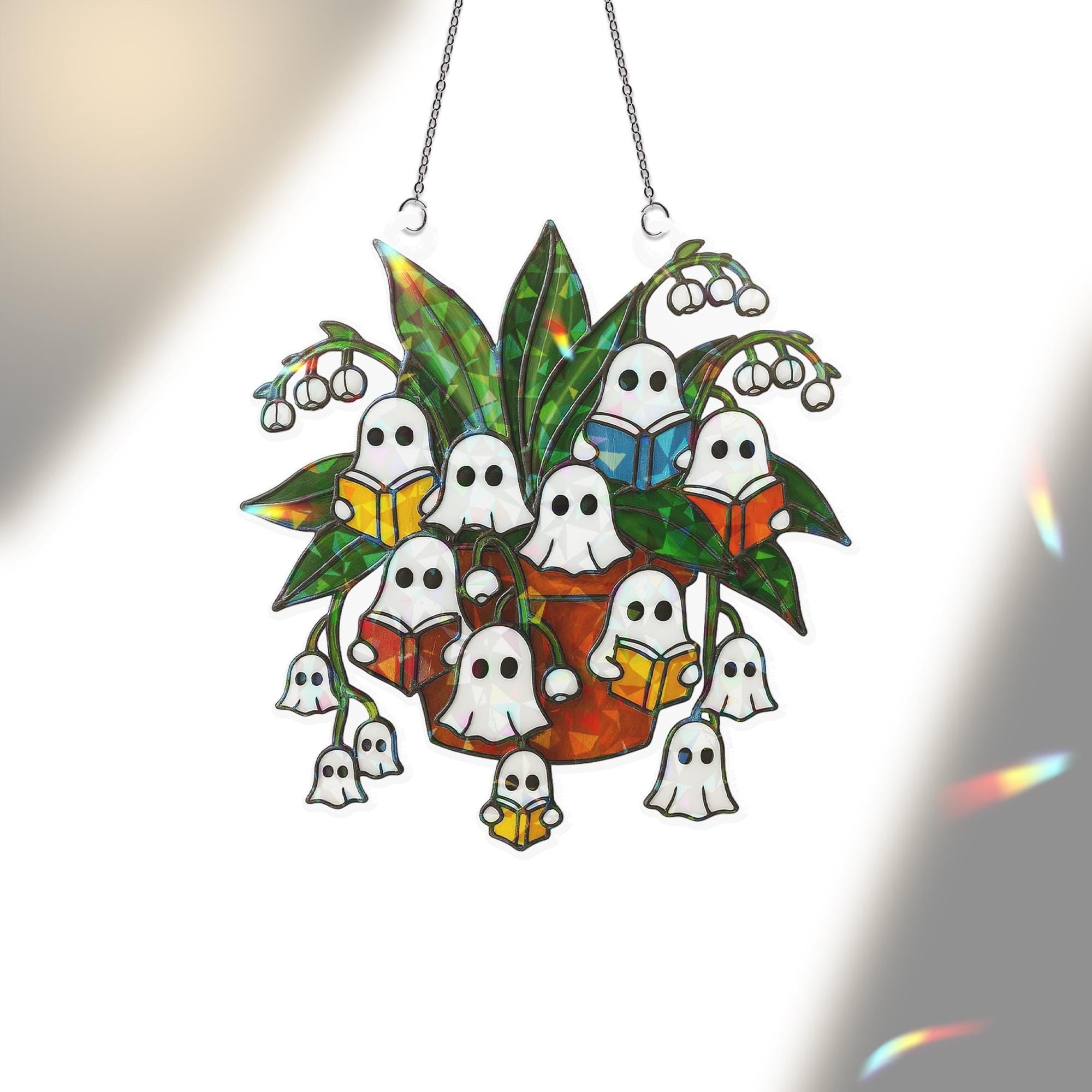 Reading Ghost Lily of the Valley Halloween Acrylic Decor, Spooky Plant Acrylic Window Decor,Fall Holographic Ghost,Reading Ghost Plant Decor