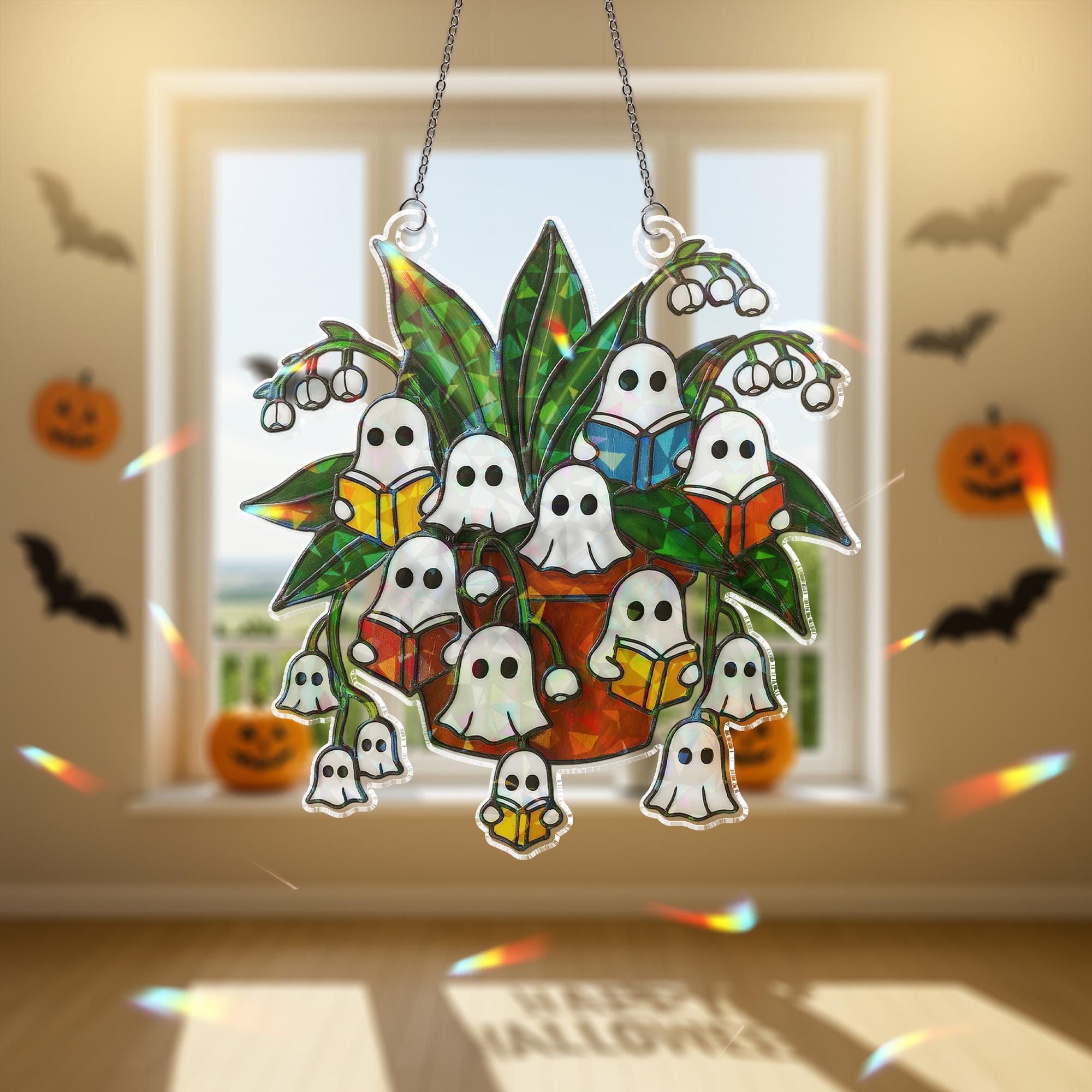 Reading Ghost Lily of the Valley Halloween Acrylic Decor, Spooky Plant Acrylic Window Decor,Fall Holographic Ghost,Reading Ghost Plant Decor