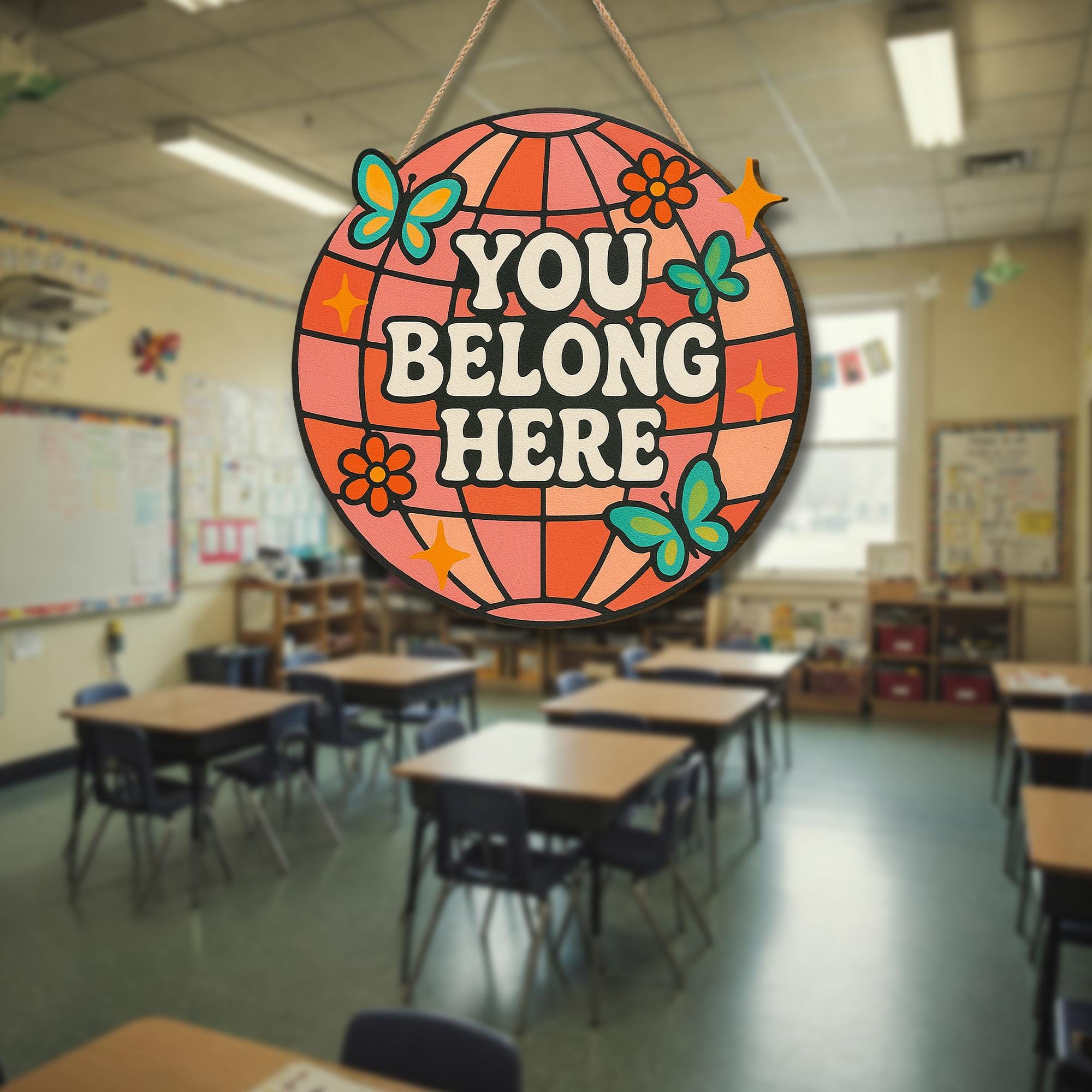 You Belong Here Wood Sign, Retro Door Sign, Classroom Wall Decor, Positive Quote Sign, Welcome Sign, Boho Teacher Gift, Inclusive classroom