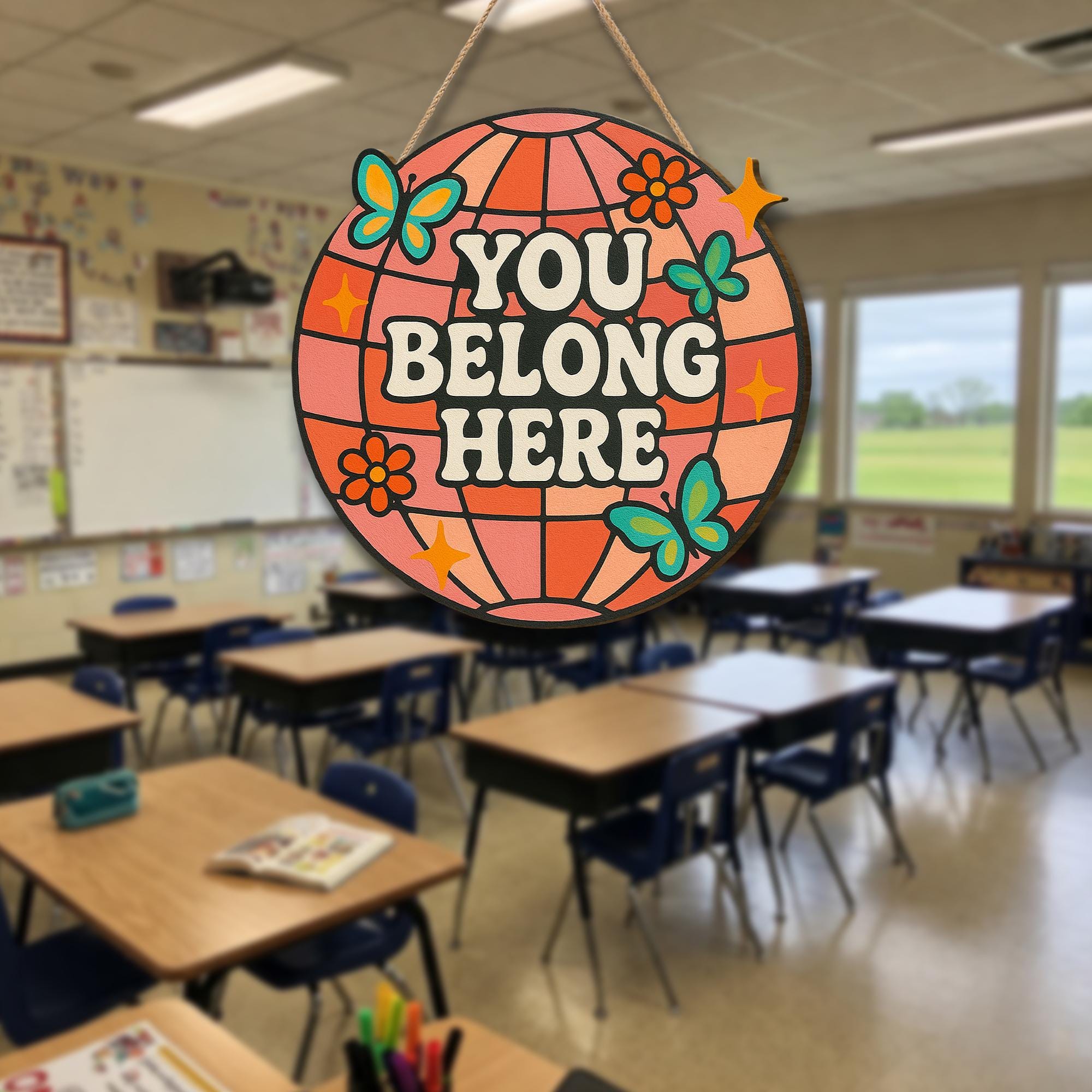 You Belong Here Wood Sign, Retro Door Sign, Classroom Wall Decor, Positive Quote Sign, Welcome Sign, Boho Teacher Gift, Inclusive classroom