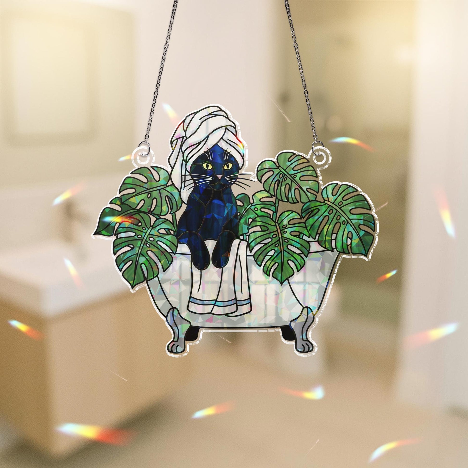 Black Cat Bathroom Decor, Holographic Acrylic Suncatcher, Spa Cat Window Hanging, Monstera Leaf Cat Art, Funny Cat Lover Gift