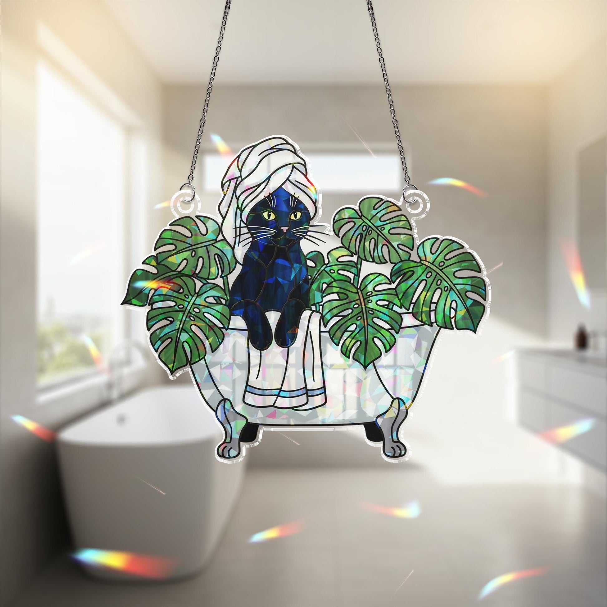 Black Cat Bathroom Decor, Holographic Acrylic Suncatcher, Spa Cat Window Hanging, Monstera Leaf Cat Art, Funny Cat Lover Gift