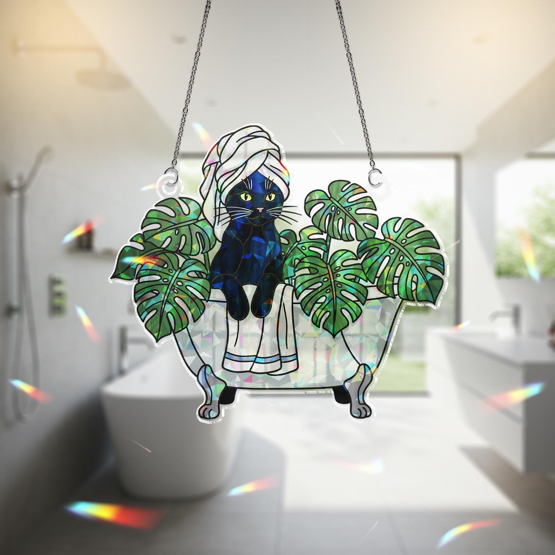 Black Cat Bathroom Decor, Holographic Acrylic Suncatcher, Spa Cat Window Hanging, Monstera Leaf Cat Art, Funny Cat Lover Gift