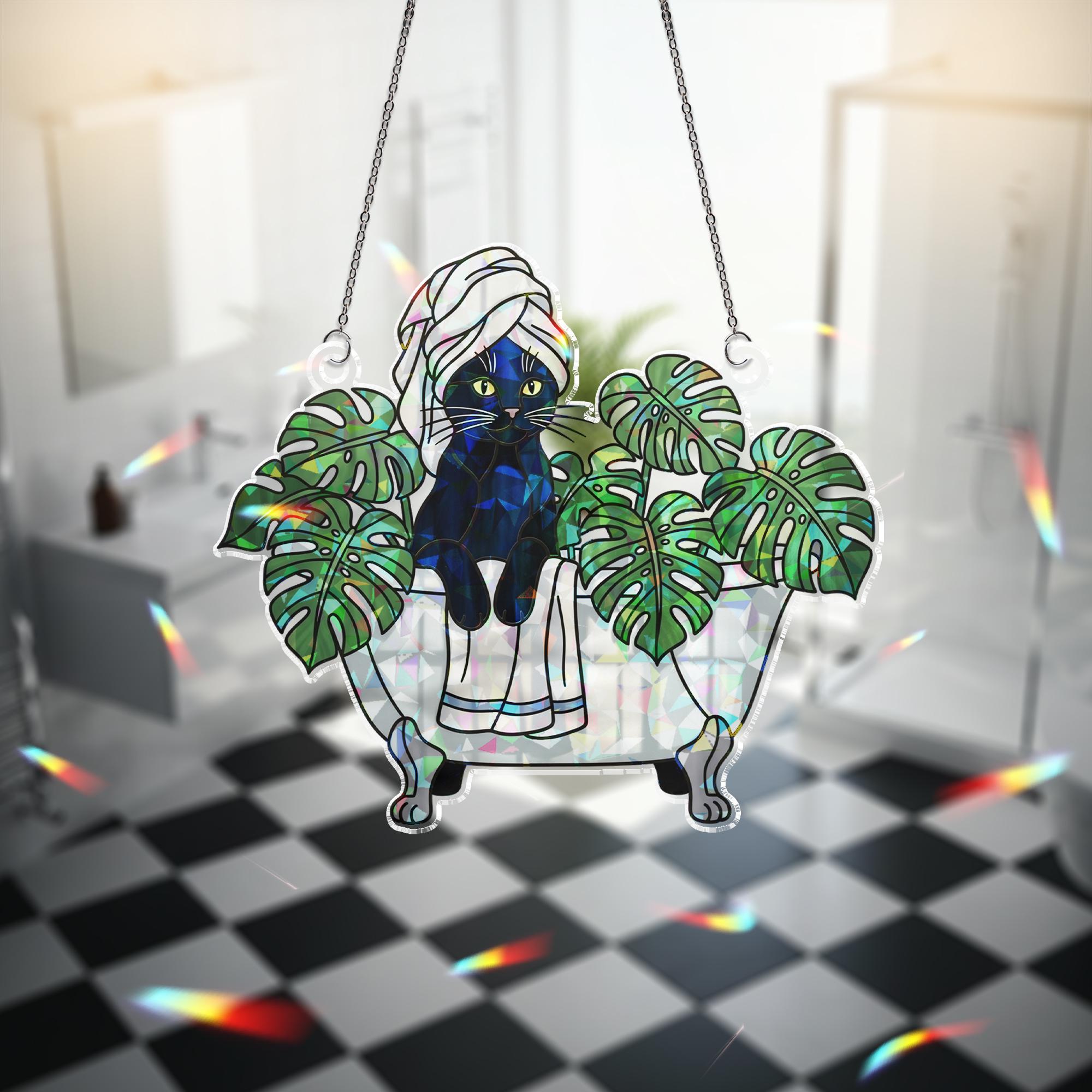 Black Cat Bathroom Decor, Holographic Acrylic Suncatcher, Spa Cat Window Hanging, Monstera Leaf Cat Art, Funny Cat Lover Gift