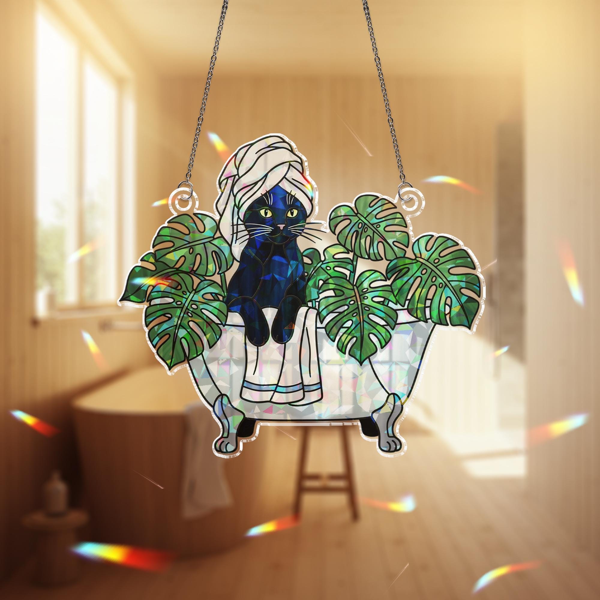Black Cat Bathroom Decor, Holographic Acrylic Suncatcher, Spa Cat Window Hanging, Monstera Leaf Cat Art, Funny Cat Lover Gift