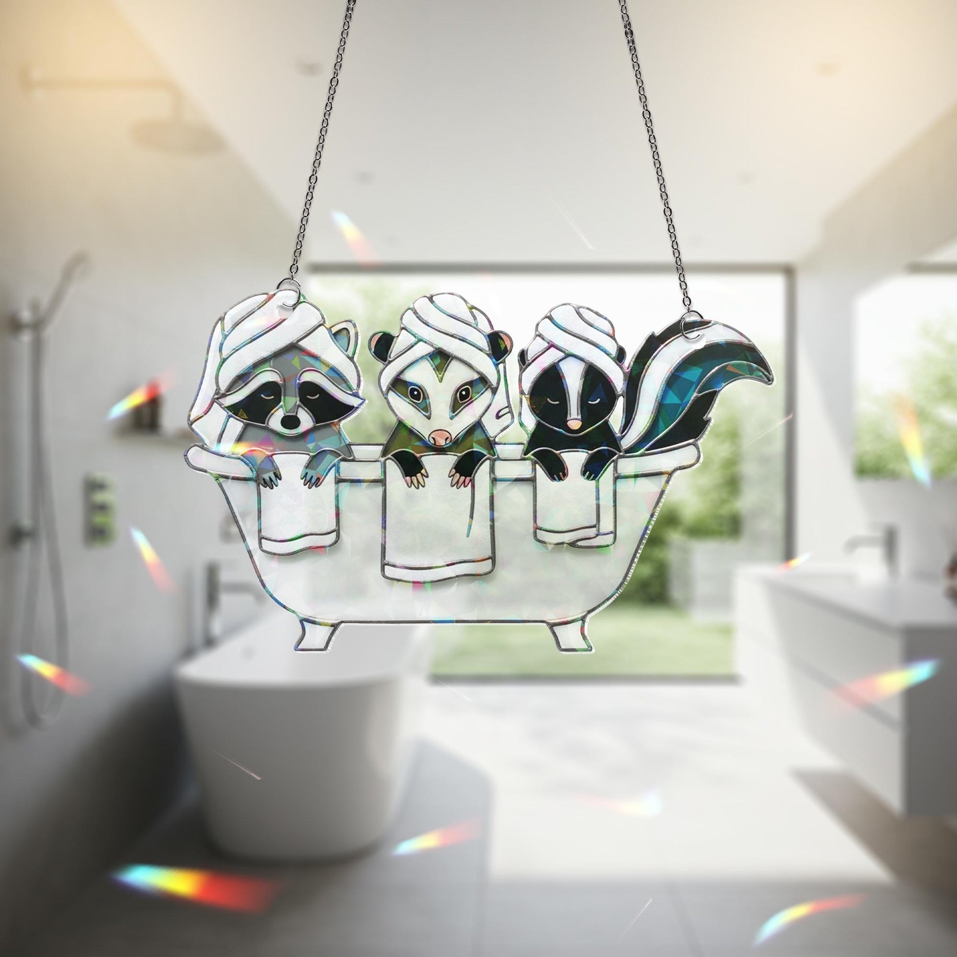 Cute Animal Bathroom Decor, Holographic Acrylic Spa Suncatcher, Raccoon Possum Skunk Art, Funny Woodland Bath Window Hanging
