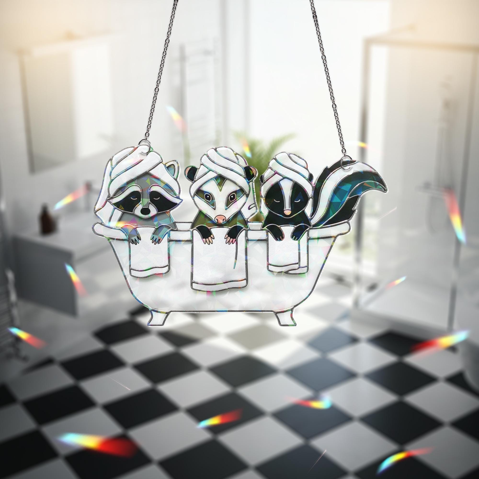 Cute Animal Bathroom Decor, Holographic Acrylic Spa Suncatcher, Raccoon Possum Skunk Art, Funny Woodland Bath Window Hanging