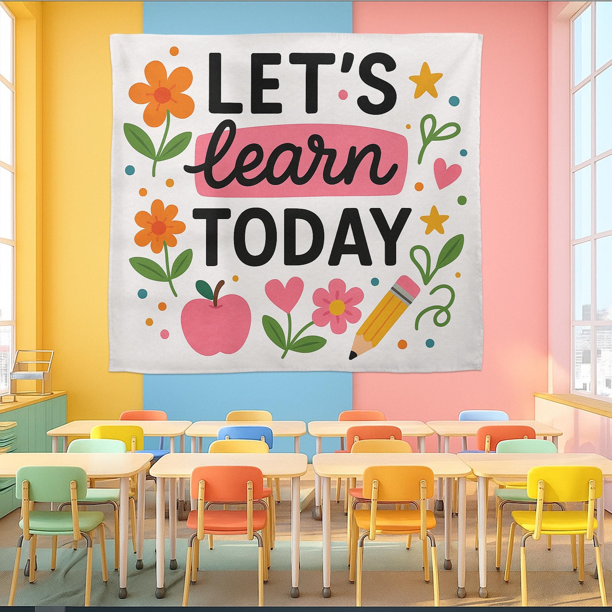 Let’s Learn Today Classroom Tapestry, Back to School Wall Decor, Teacher Gift, Preschool Kindergarten Motivational Banner