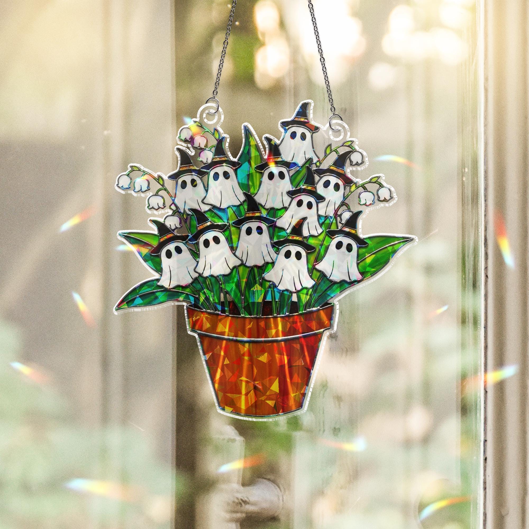 Ghost Lily Of Valley Acrylic Suncatcher, Holographic Halloween Plant Decor, Witchy Window Hanging, Spooky Fall Floral Ornament