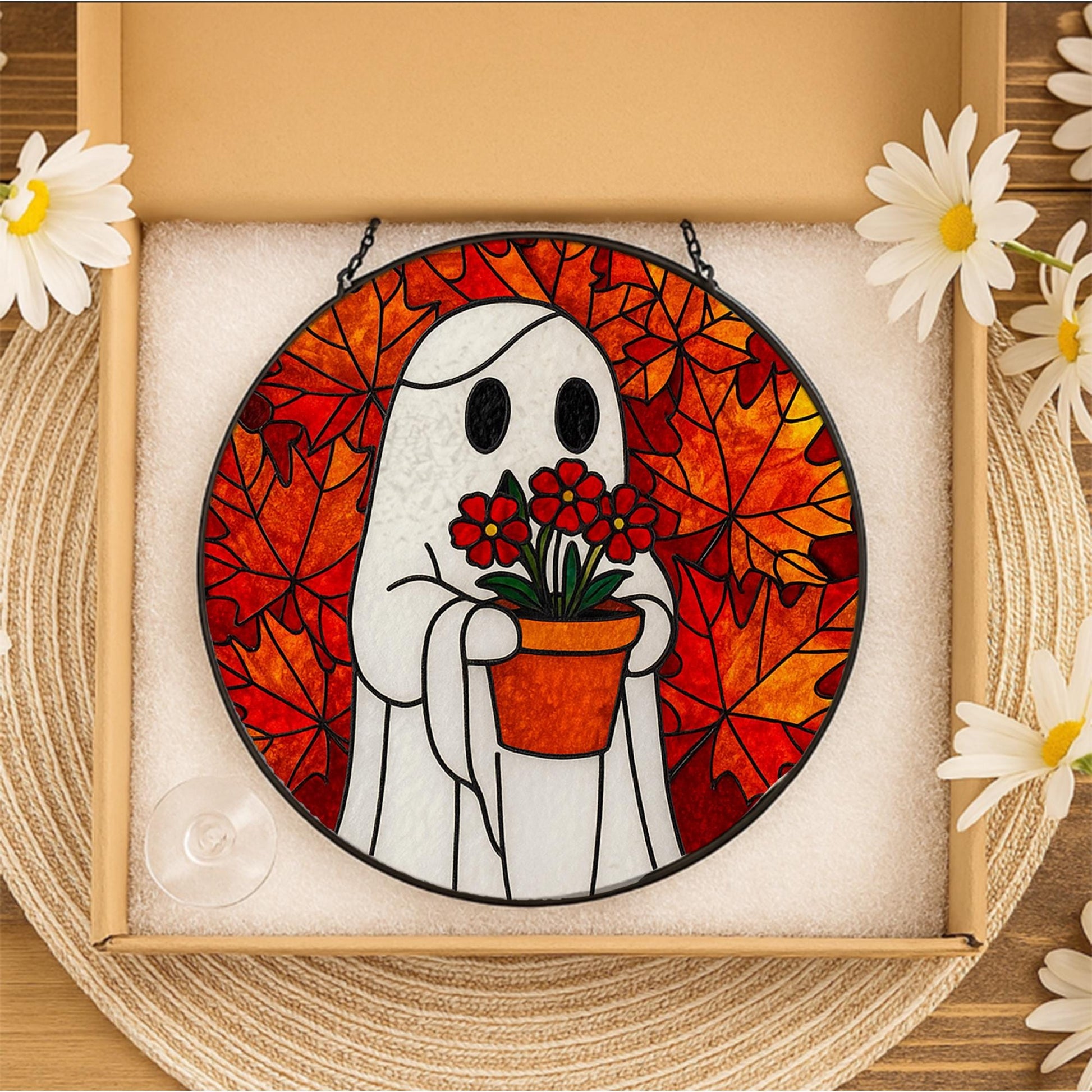 Ghost GLASS Suncatcher Fall Leaves, Halloween Glass Window Decor, Autumn Ghost Holding Flowers, Stained Glass Style Ornament