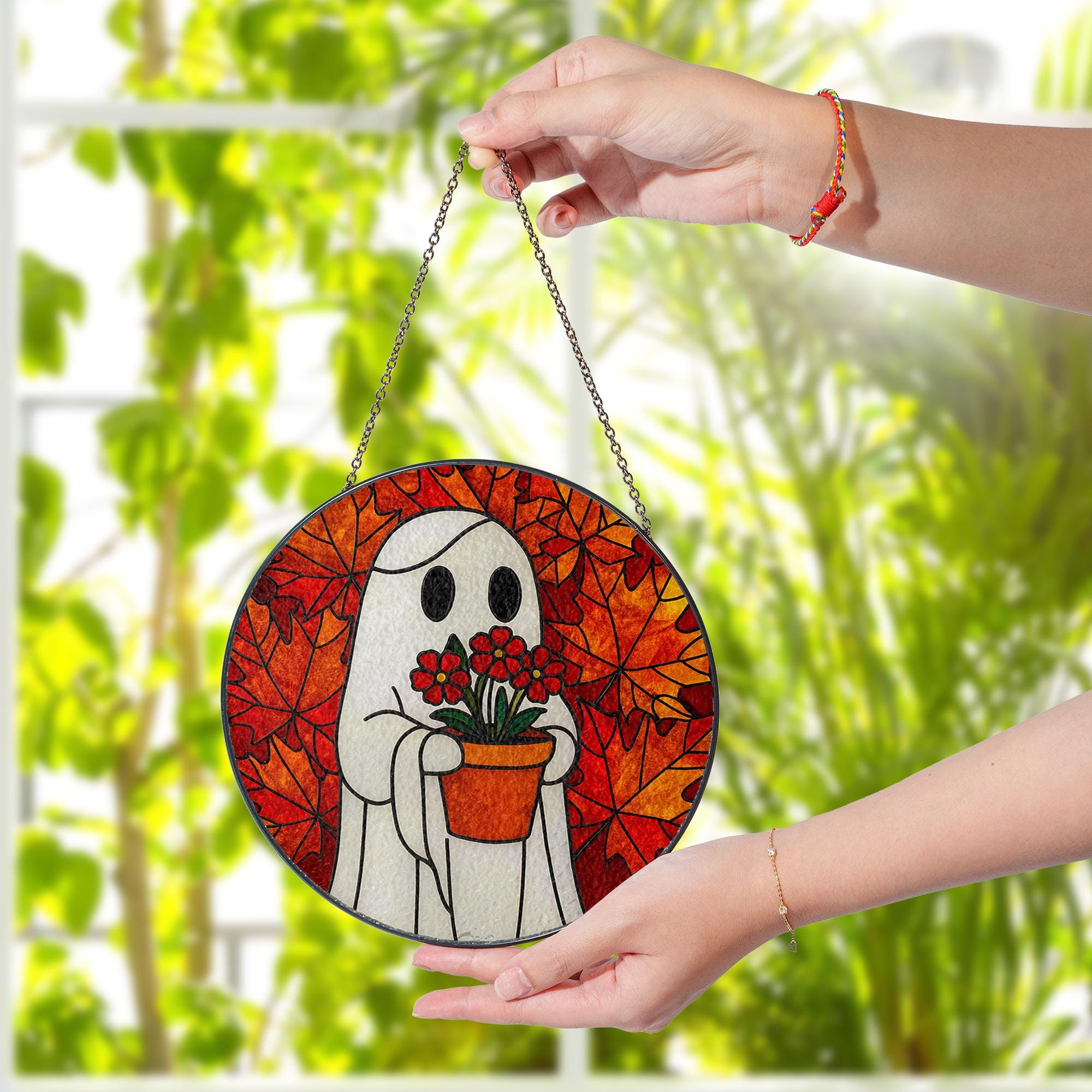 Ghost GLASS Suncatcher Fall Leaves, Halloween Glass Window Decor, Autumn Ghost Holding Flowers, Stained Glass Style Ornament
