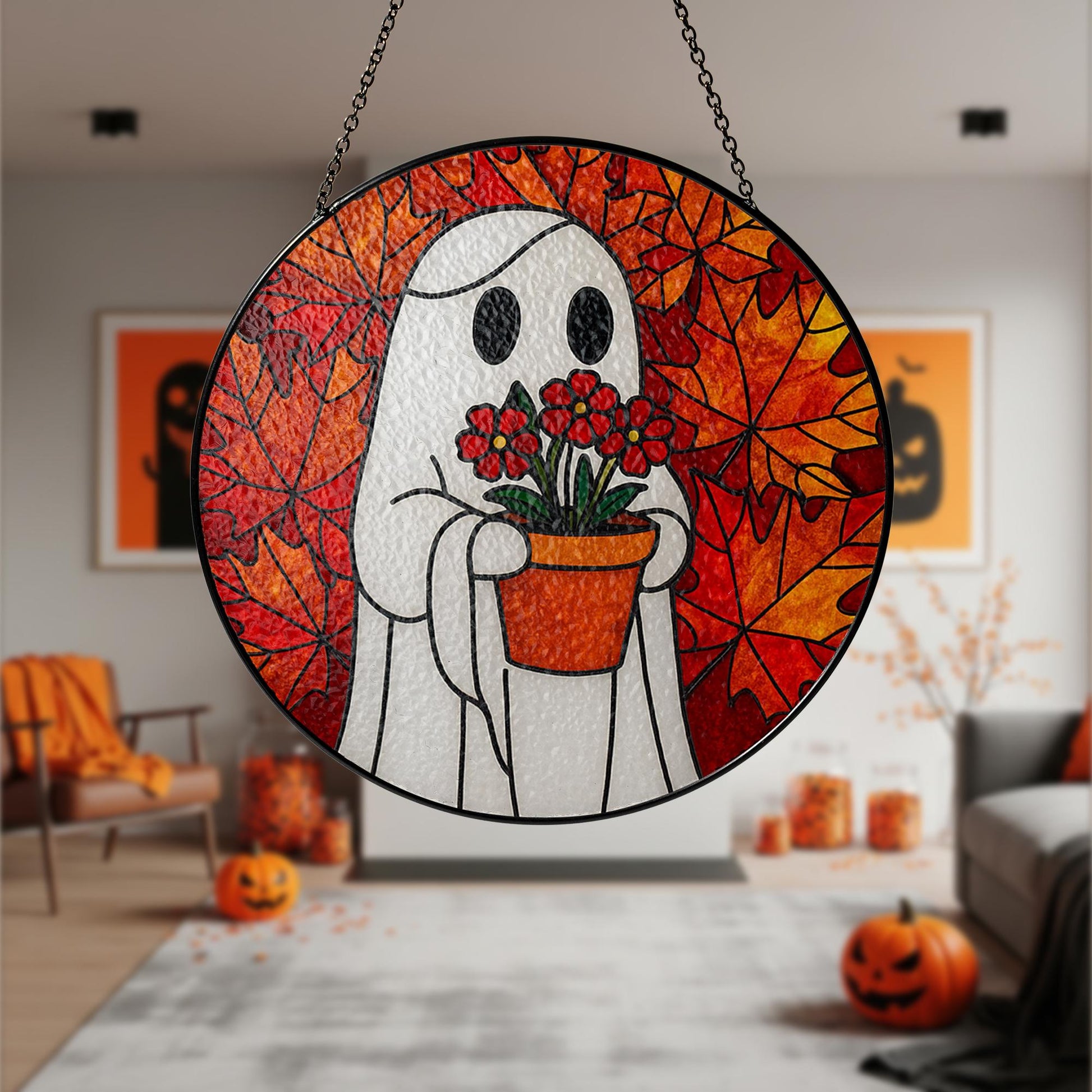 Ghost GLASS Suncatcher Fall Leaves, Halloween Glass Window Decor, Autumn Ghost Holding Flowers, Stained Glass Style Ornament