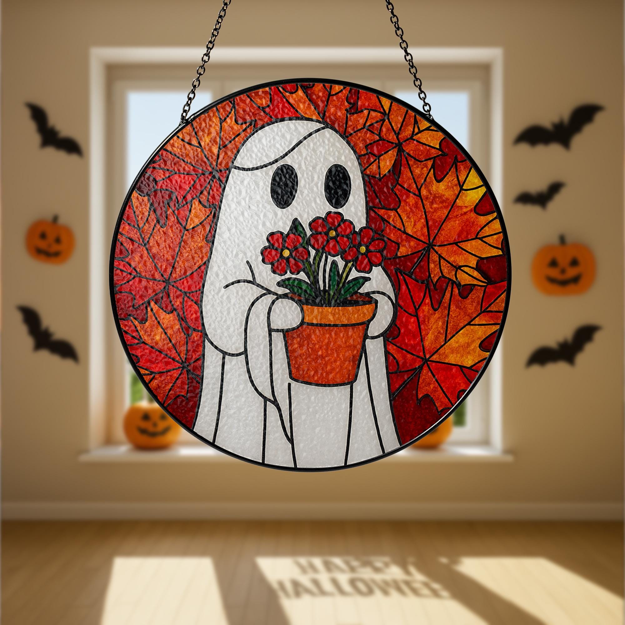 Ghost GLASS Suncatcher Fall Leaves, Halloween Glass Window Decor, Autumn Ghost Holding Flowers, Stained Glass Style Ornament