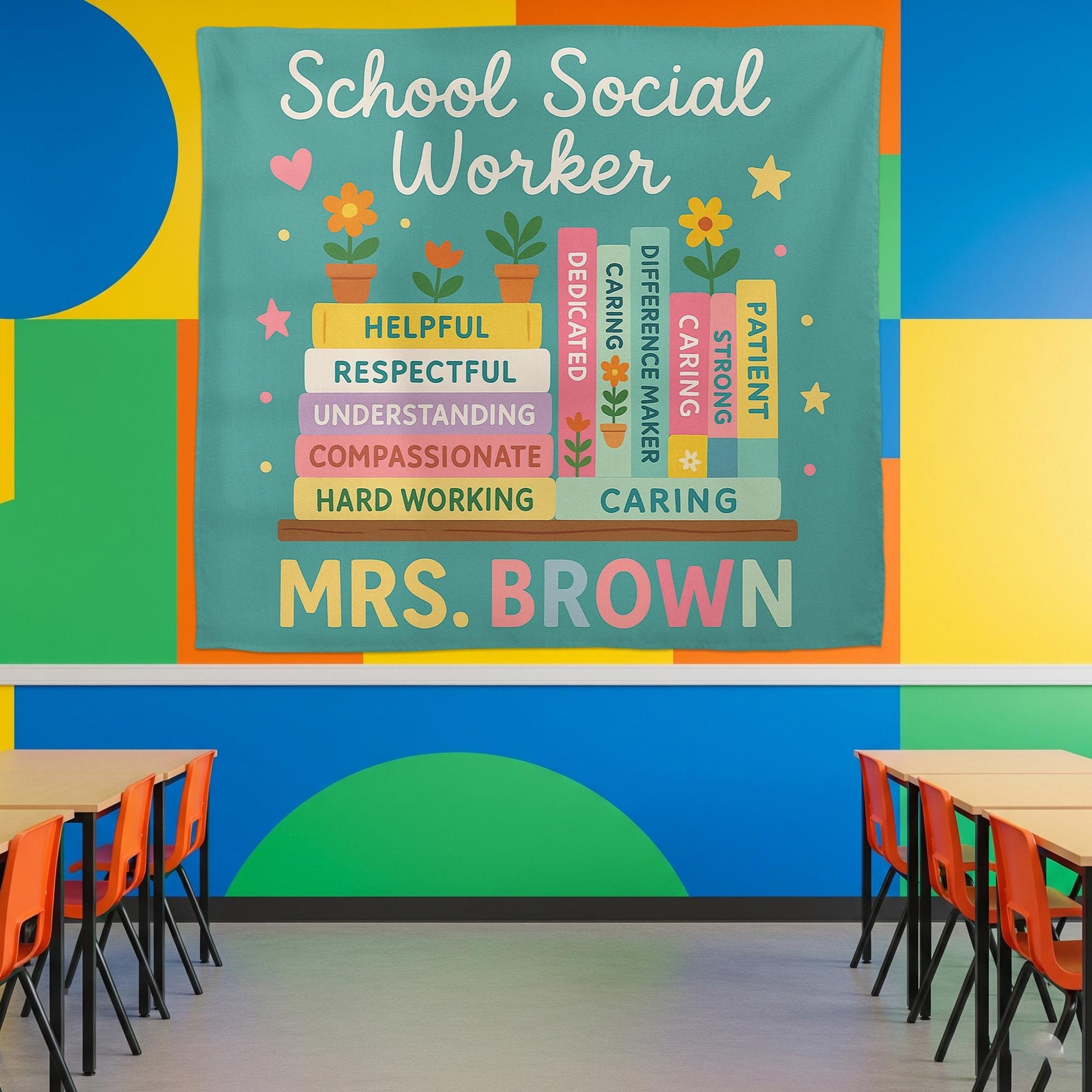 School Social Worker Tapestry, Office Wall Decor, Personalized Teacher Banner, Social Work Gift, Counselor Appreciation Sign