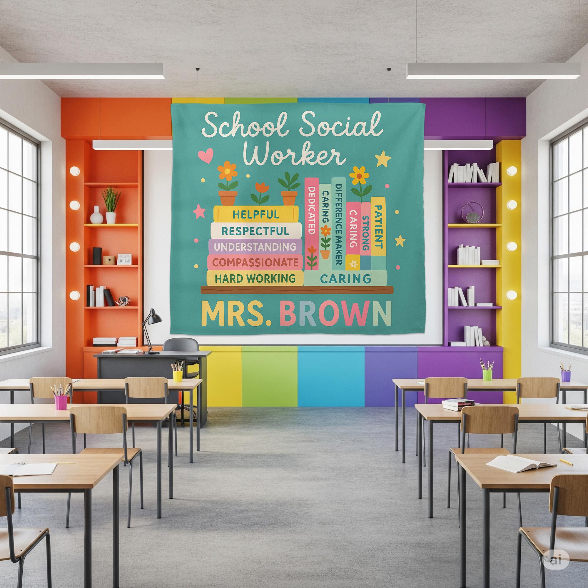 School Social Worker Tapestry, Office Wall Decor, Personalized Teacher Banner, Social Work Gift, Counselor Appreciation Sign