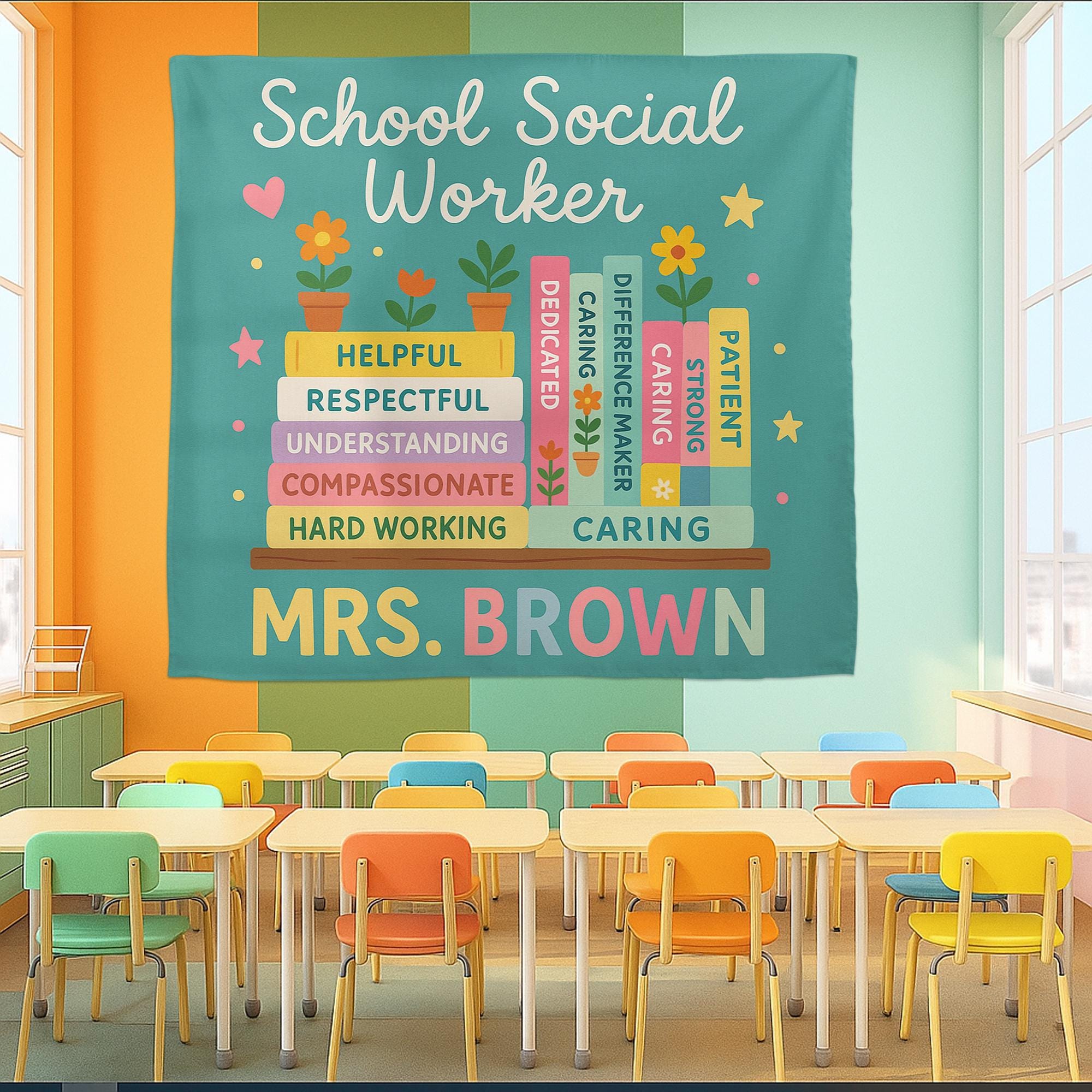 School Social Worker Tapestry, Office Wall Decor, Personalized Teacher Banner, Social Work Gift, Counselor Appreciation Sign