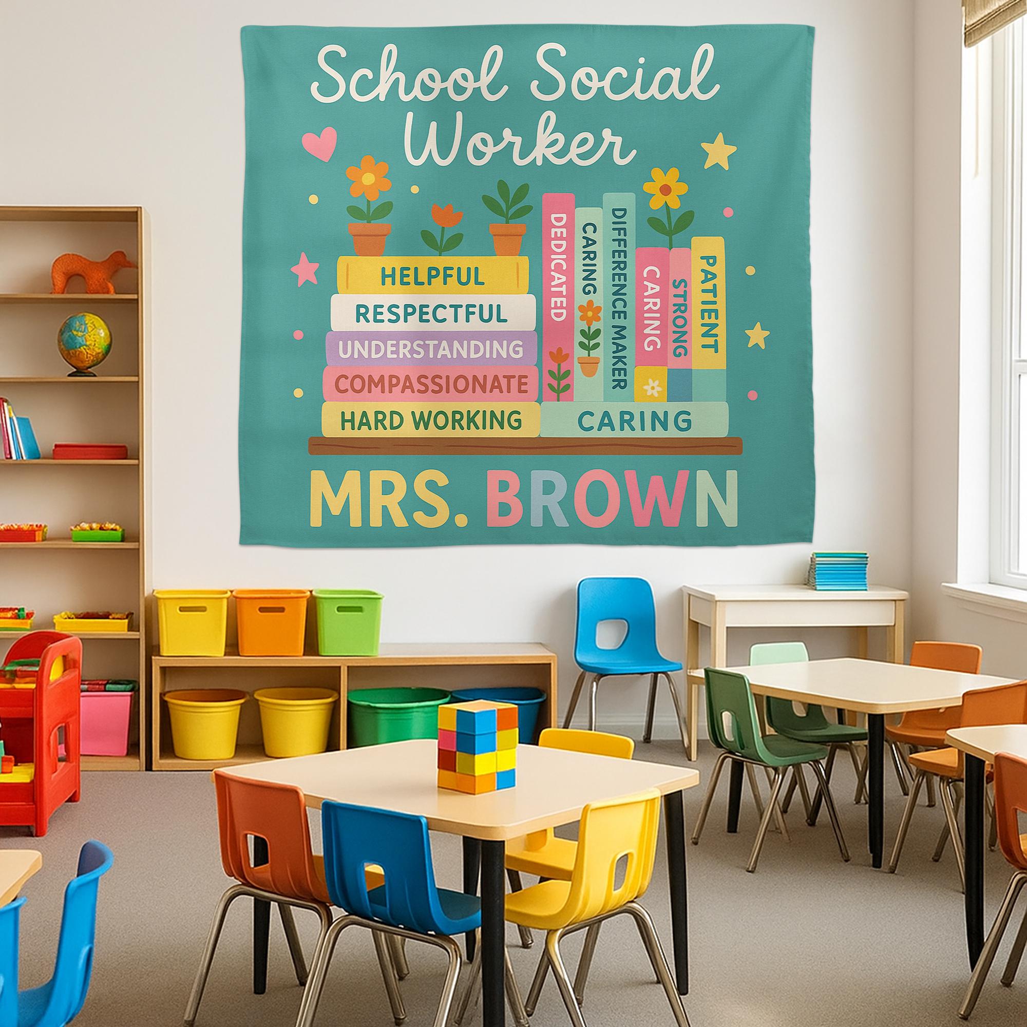 School Social Worker Tapestry, Office Wall Decor, Personalized Teacher Banner, Social Work Gift, Counselor Appreciation Sign