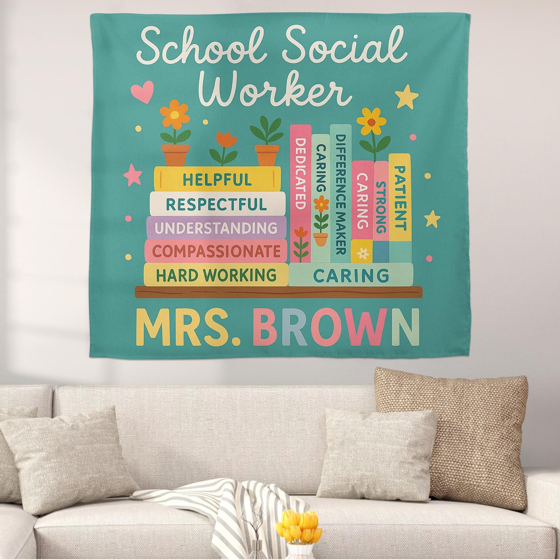 School Social Worker Tapestry, Office Wall Decor, Personalized Teacher Banner, Social Work Gift, Counselor Appreciation Sign
