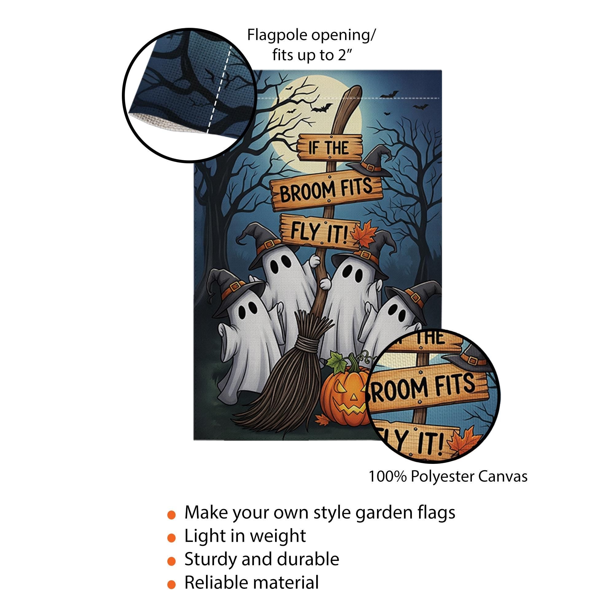 Funny Halloween Ghost Garden Flag | If the Broom Fits Fly It Witch Decor | Fall Yard Banner | Spooky Outdoor Lawn Decoration