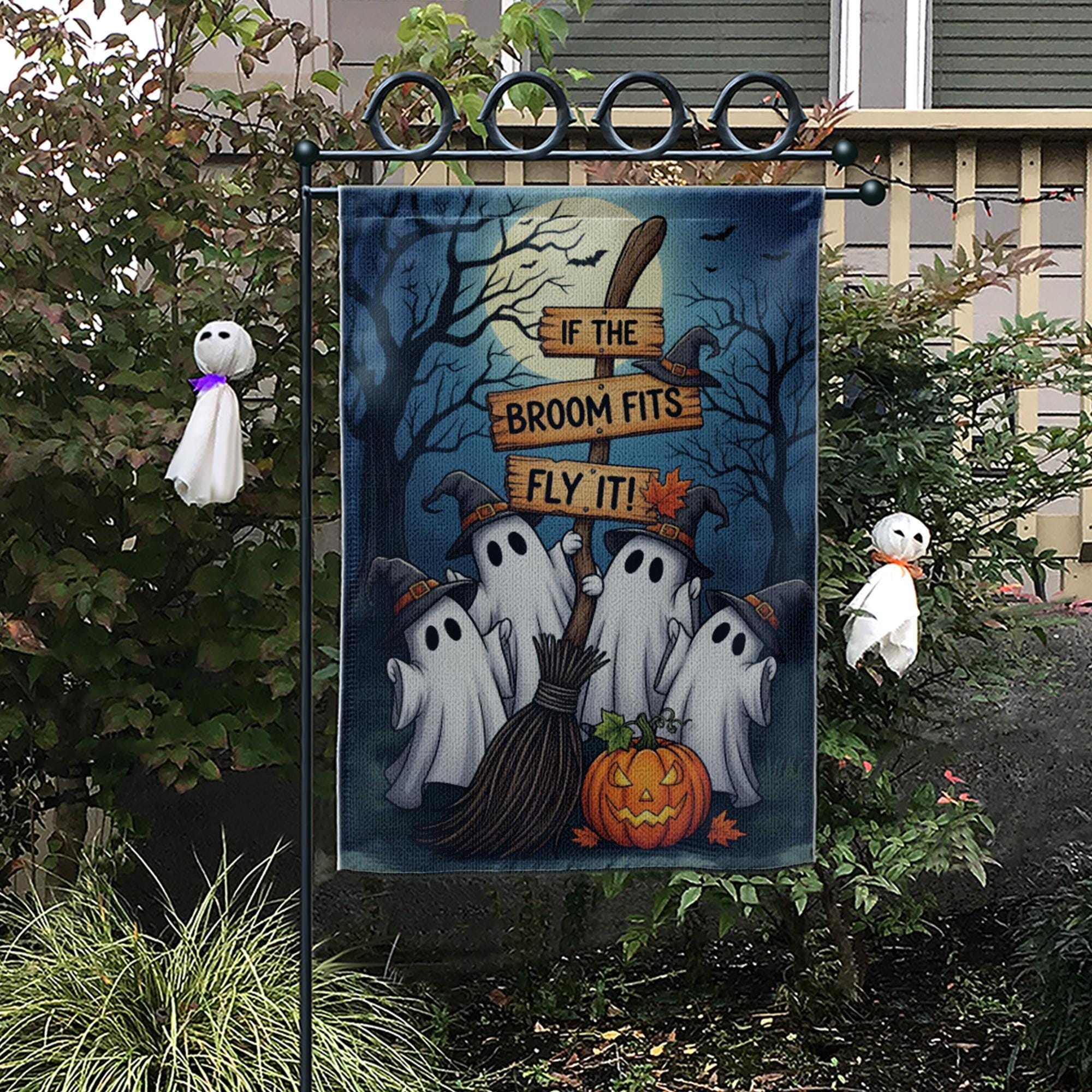 Funny Halloween Ghost Garden Flag | If the Broom Fits Fly It Witch Decor | Fall Yard Banner | Spooky Outdoor Lawn Decoration