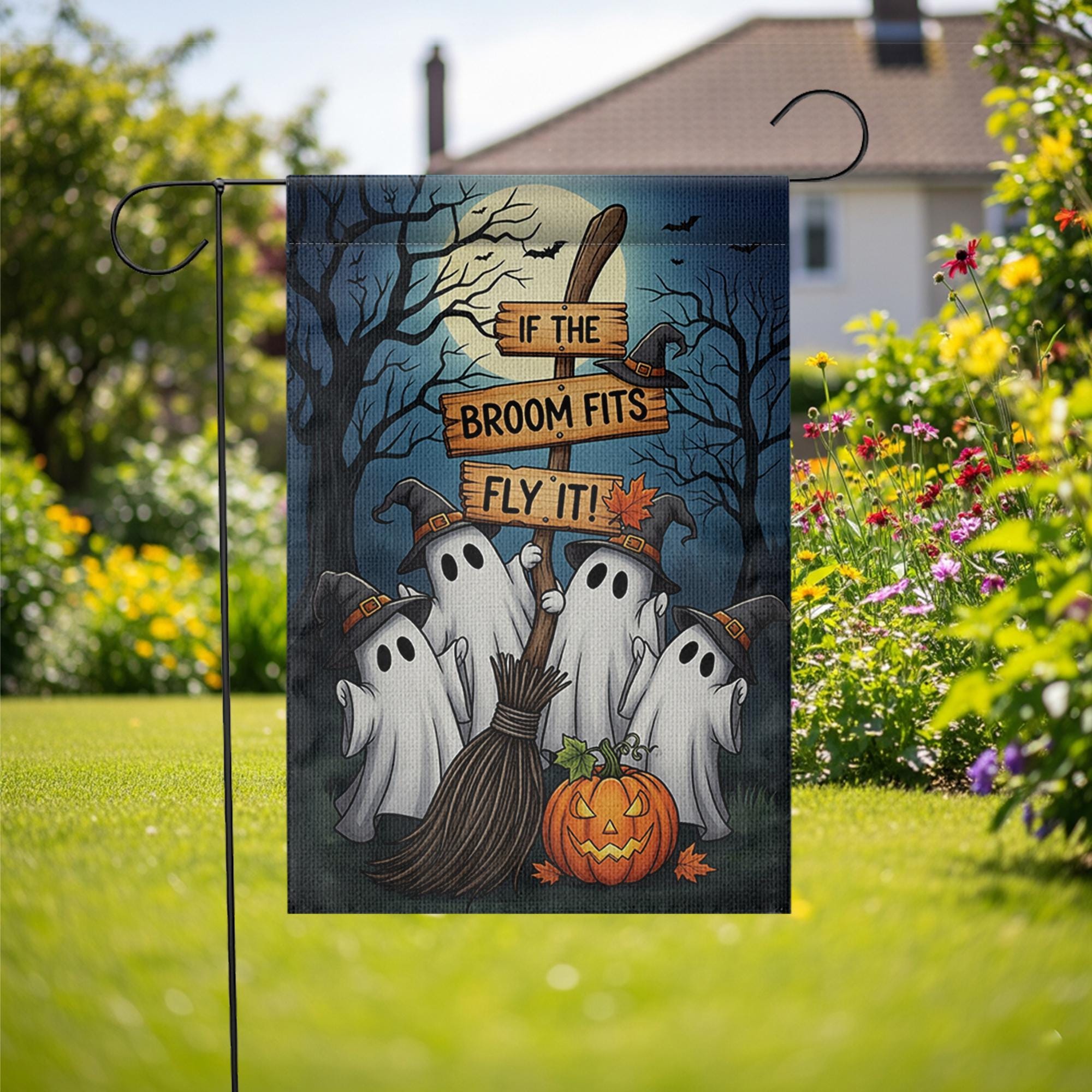 Funny Halloween Ghost Garden Flag | If the Broom Fits Fly It Witch Decor | Fall Yard Banner | Spooky Outdoor Lawn Decoration